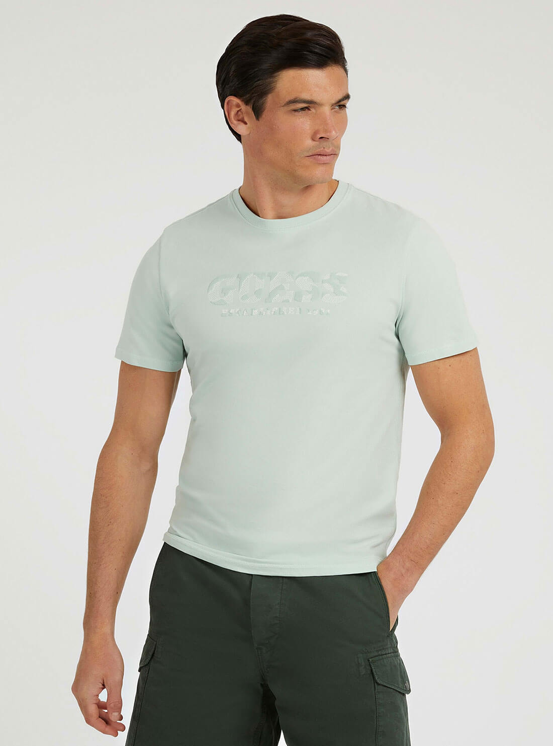 Eco Mint Green Rubber Logo T-Shirt | GUESS Men's Apparel | front view