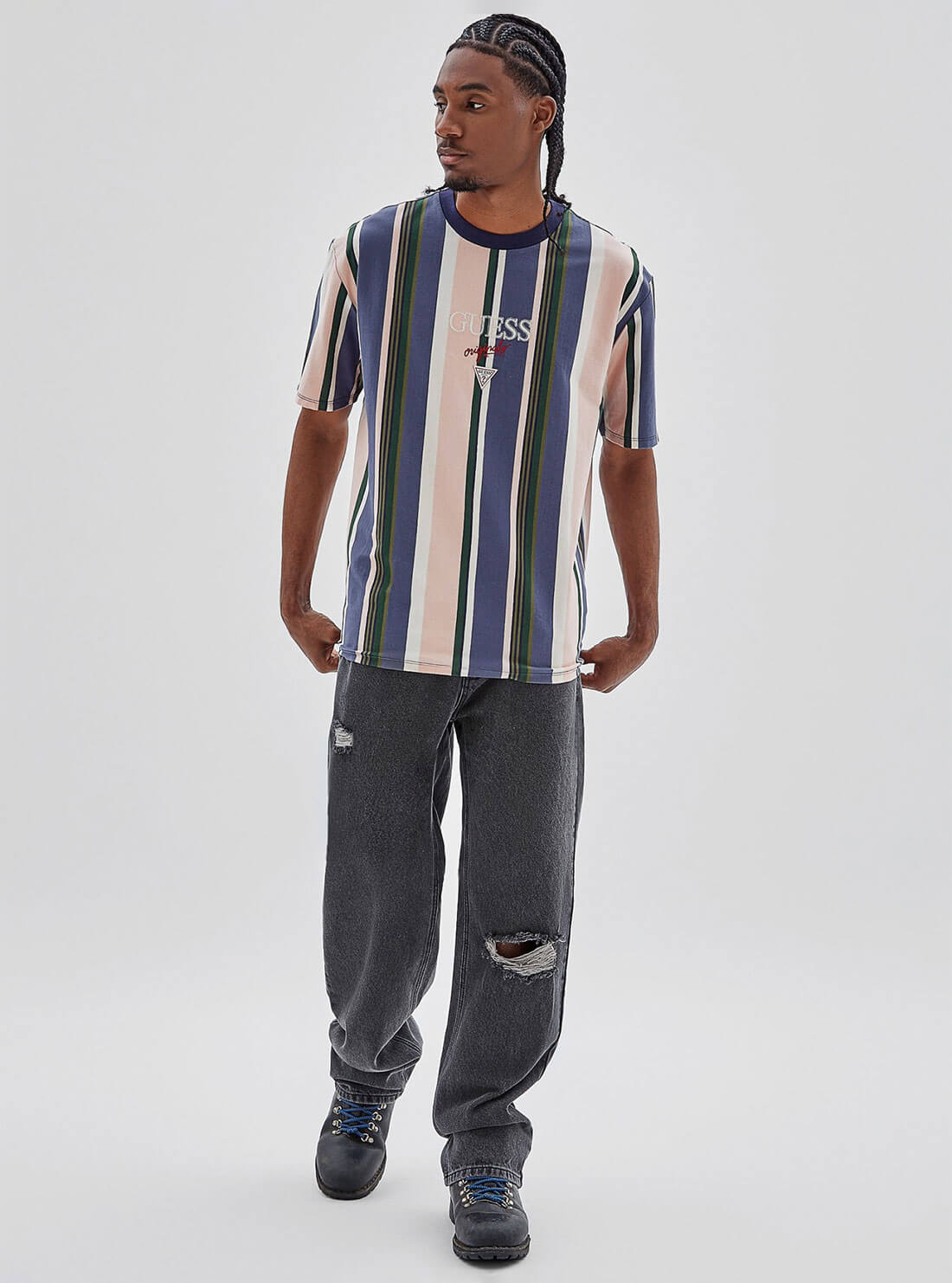 Guess Originals Blue Multi Stripe Logo T-Shirt | GUESS Men's Originals | full view