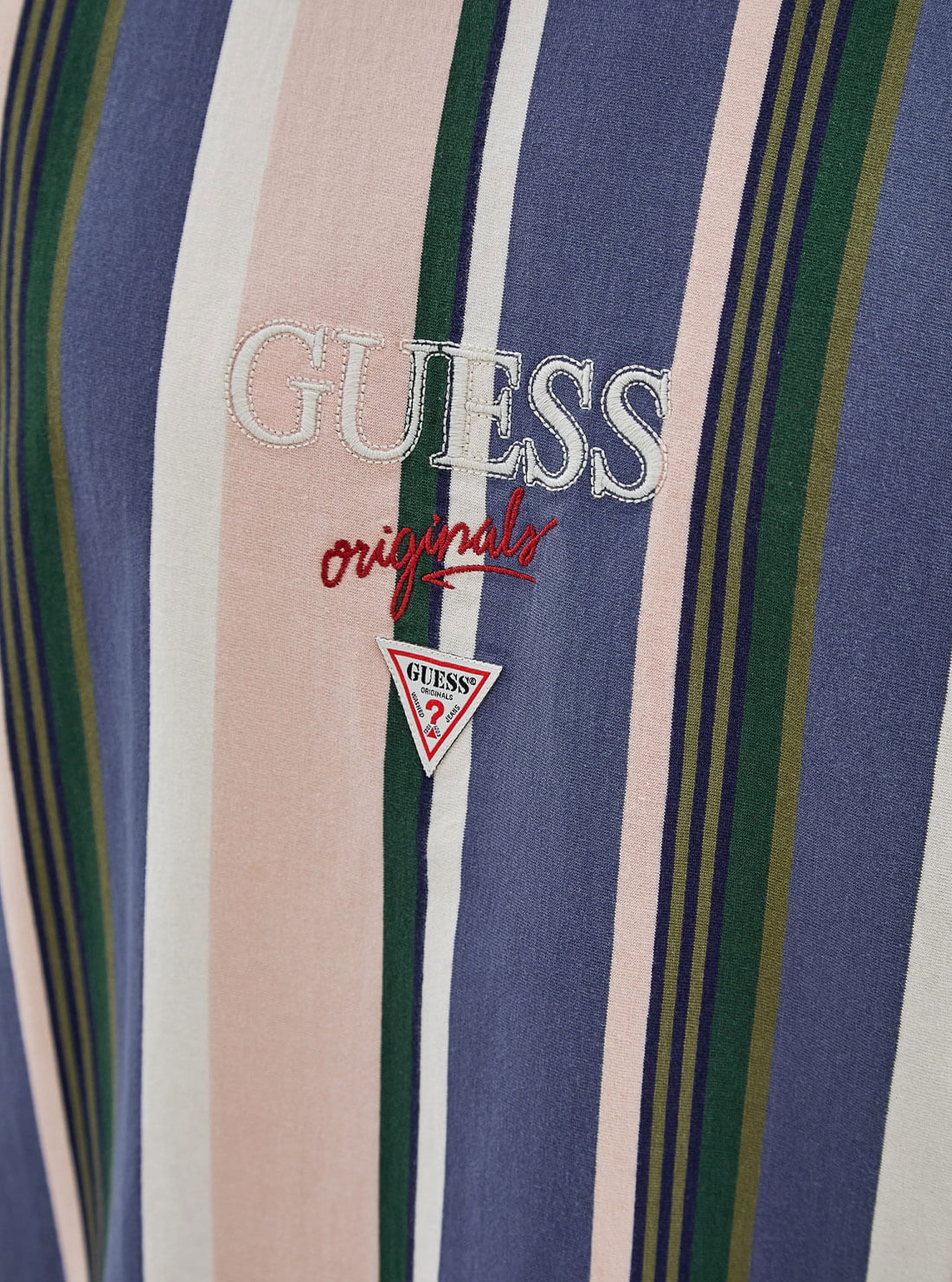 Guess Originals Blue Multi Stripe Logo T-Shirt | GUESS Men's Originals | detail view