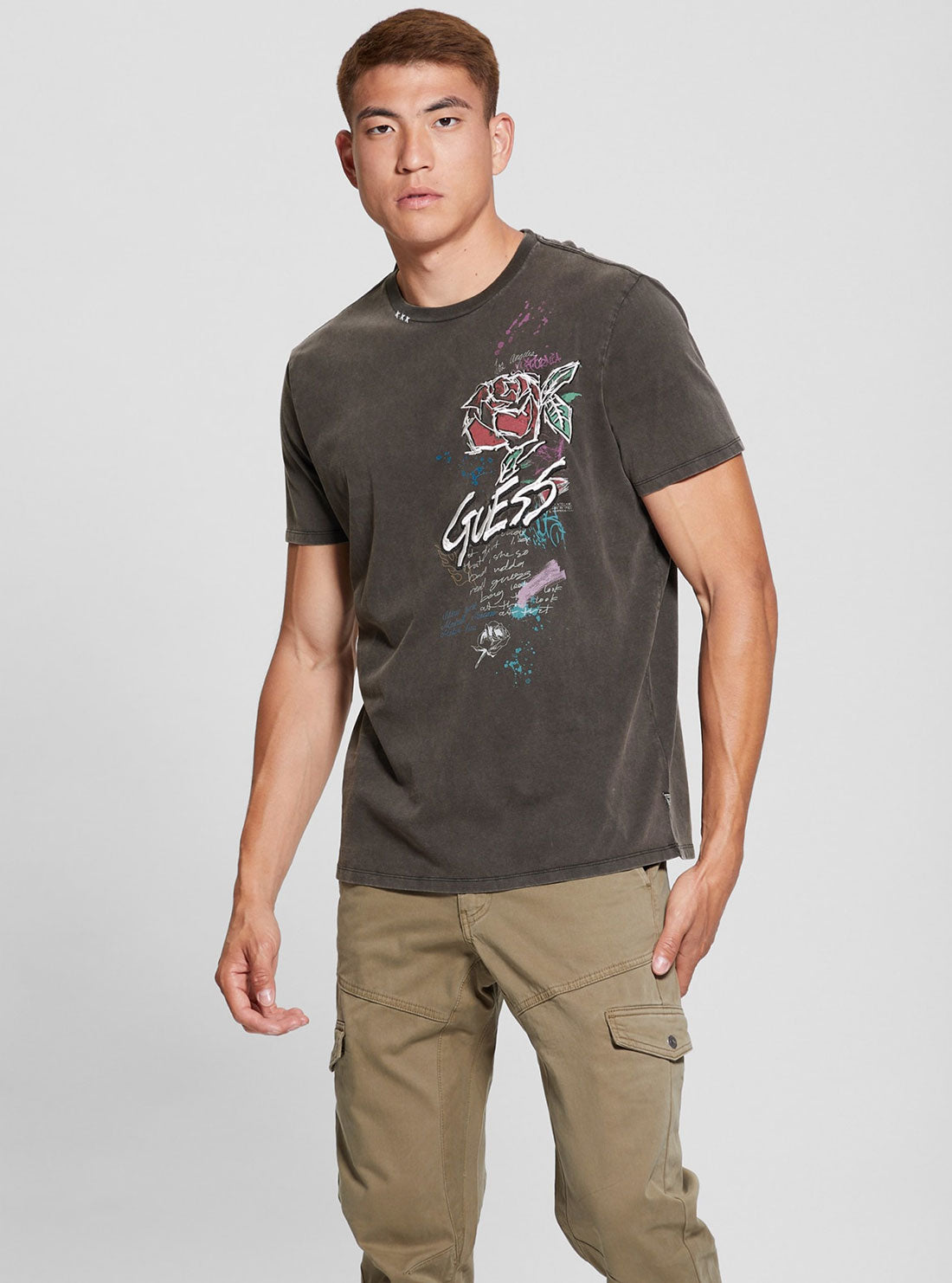 Black Washed Graffiti Rose T-Shirt | GUESS Men's | Front view