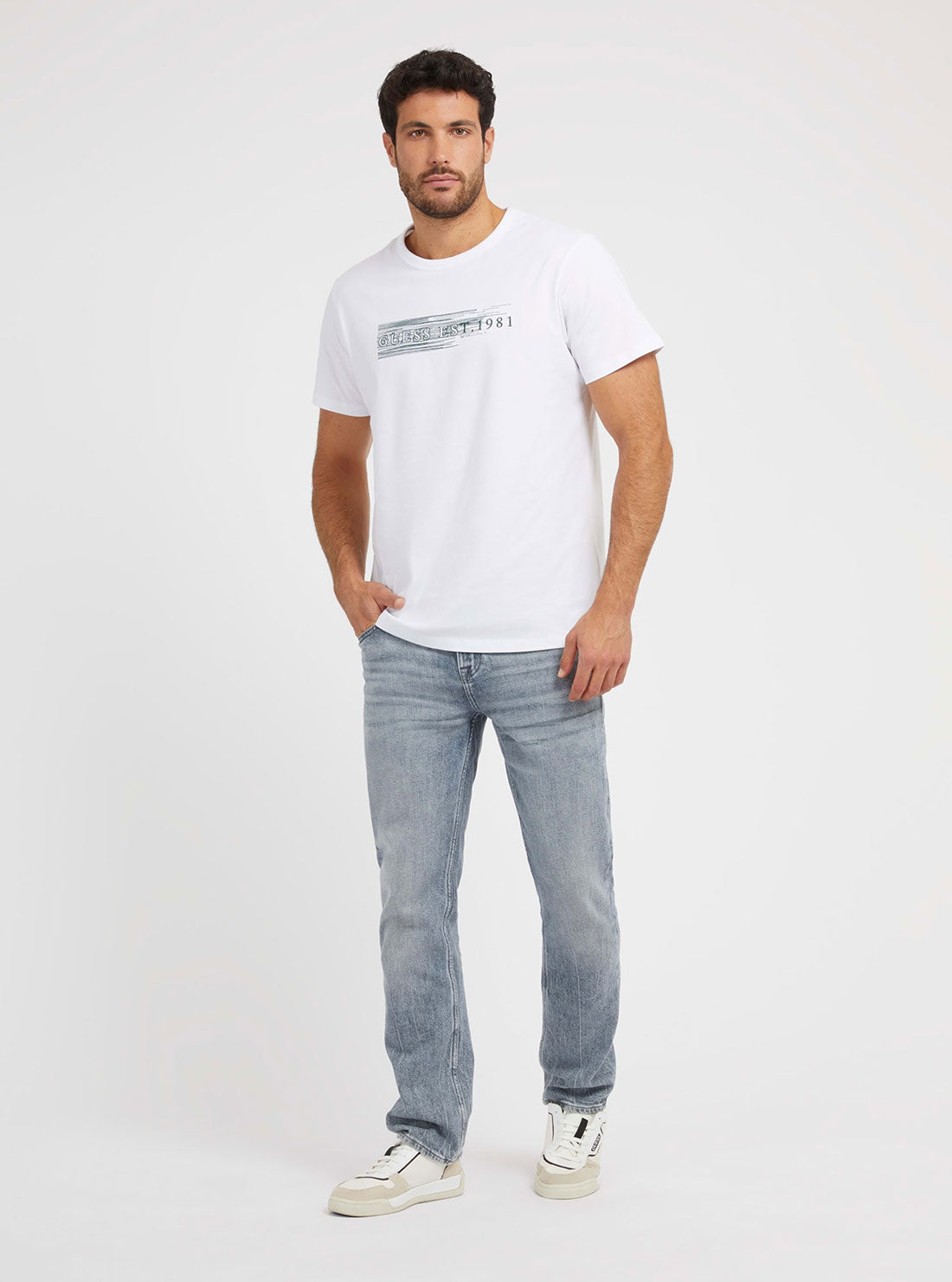 White Logo Embroidered T-Shirt | GUESS Men's | Full view