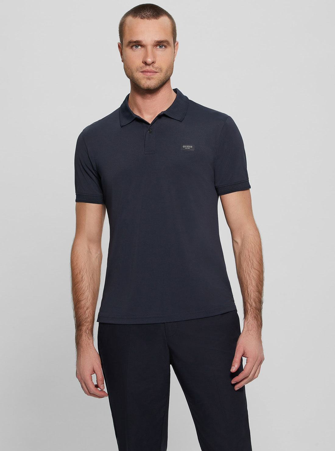 Navy Blue Stretch Polo T-Shirt | GUESS Mens Apparel | front view