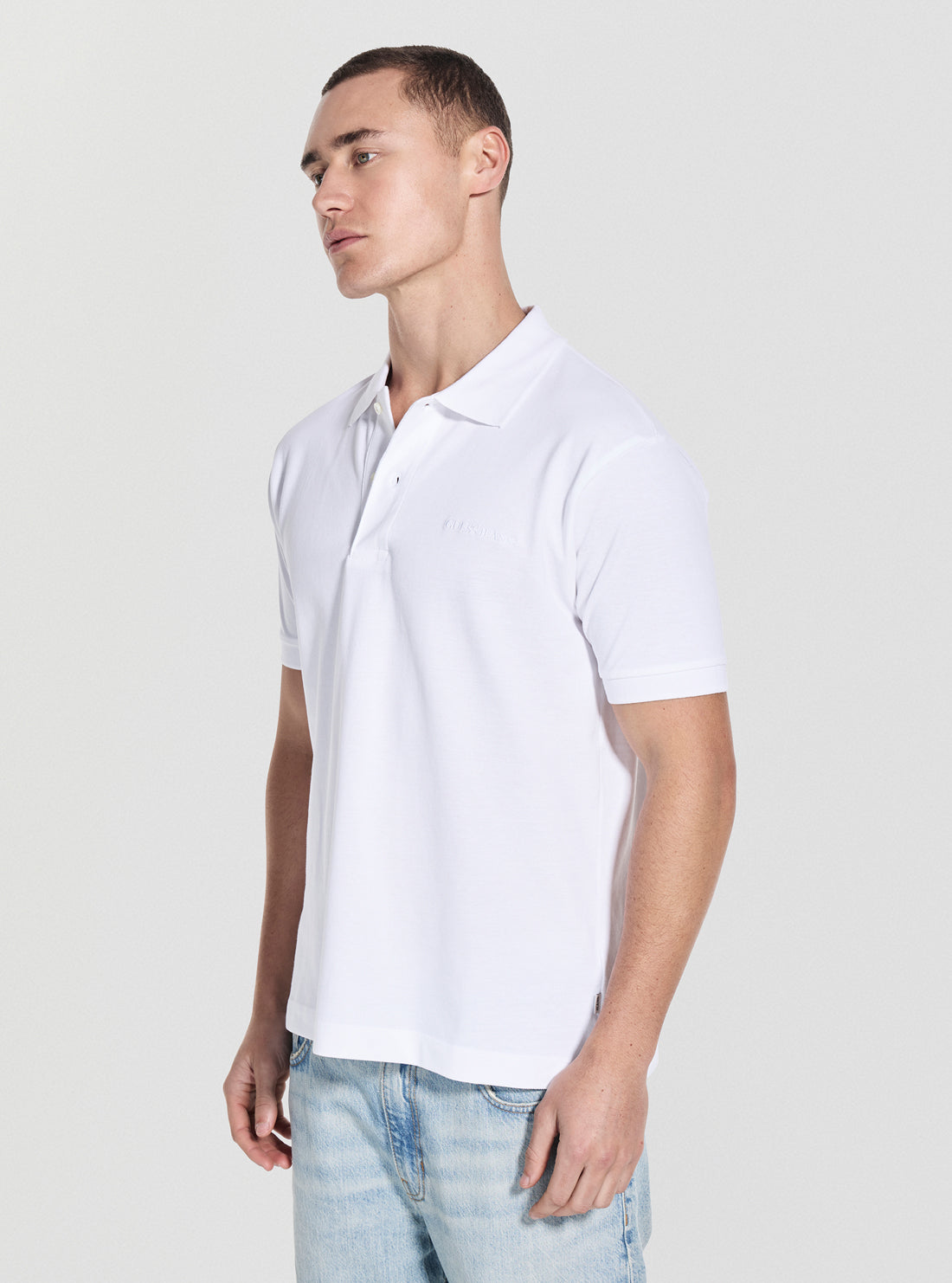 Guess Jeans White Embroidered Polo Shirt M4BP29KCJV1 Frotn Side View