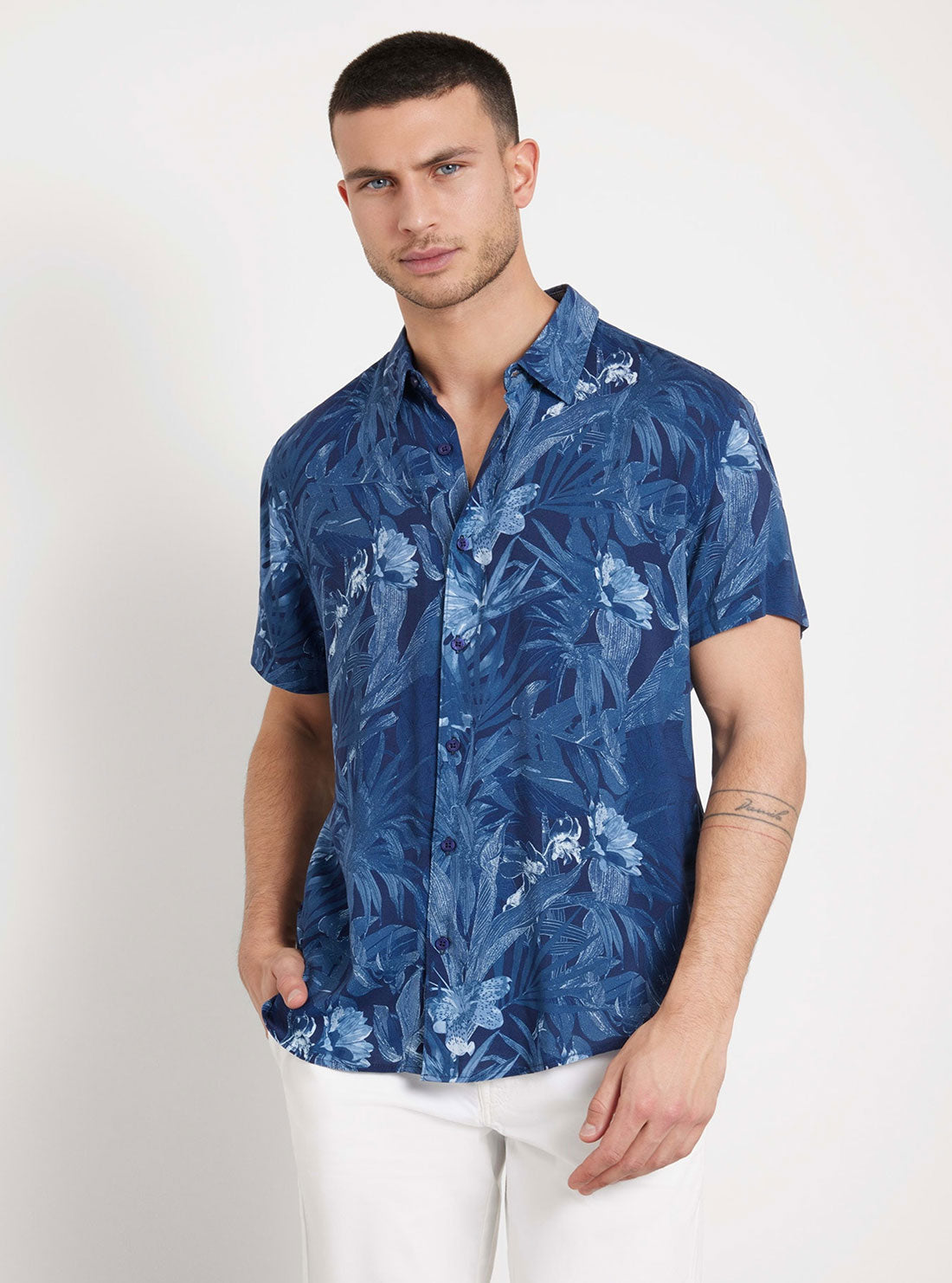 GUESS Eco Blue Tropical Short Sleeve Shirt front view