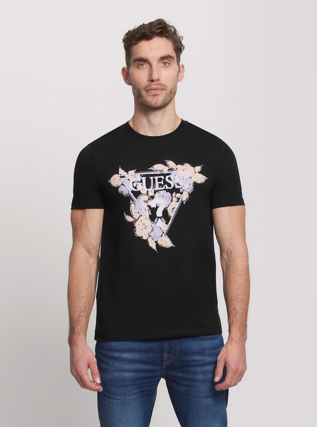 Black Flowers Triangle T-Shirt front view