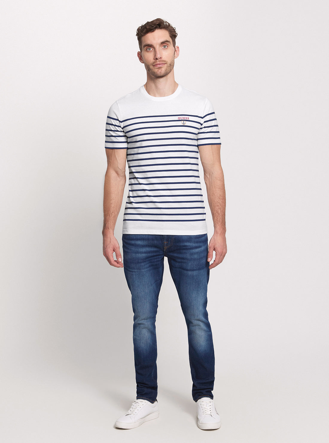 GUESS White Blue Striped Short Sleeve T-Shirt full view