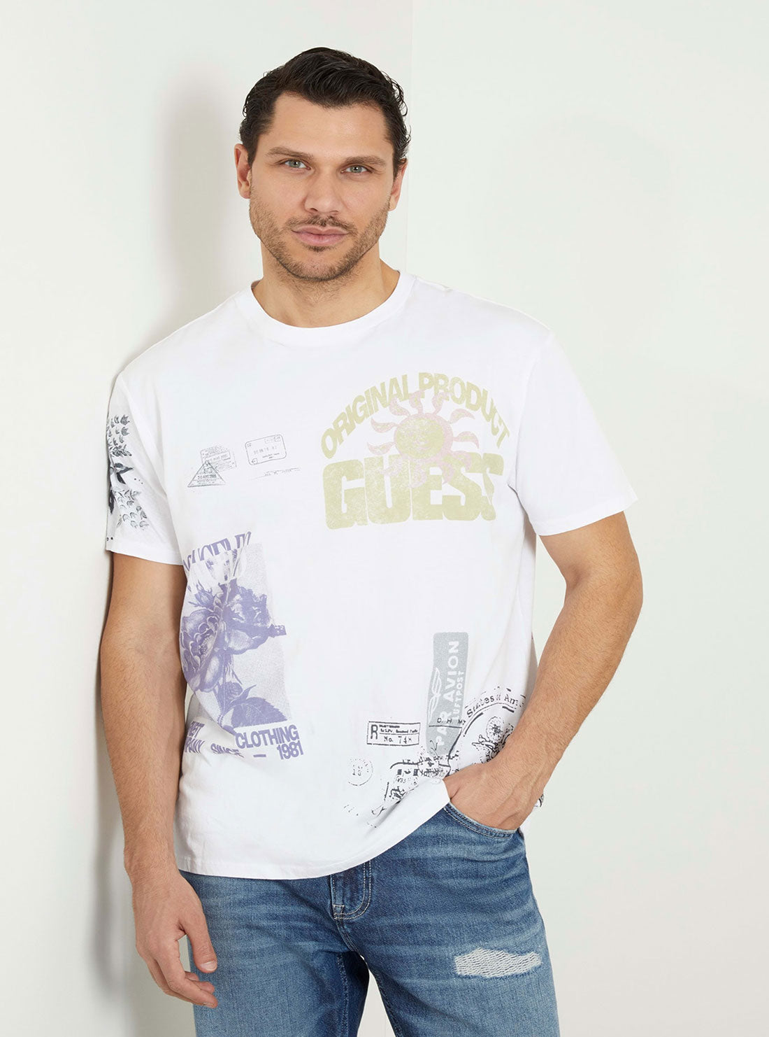 GUESS Eco White Faded Stamp T-Shirt  front view