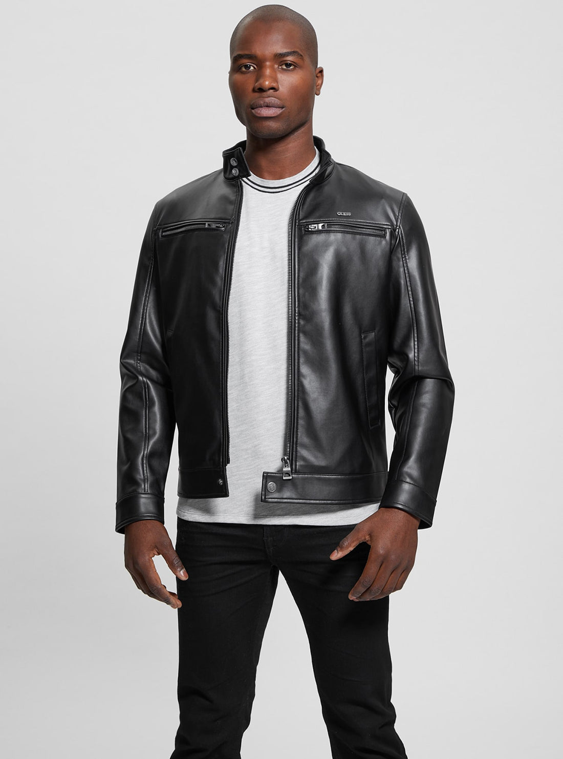 GUESS Black Leather Jacket front view