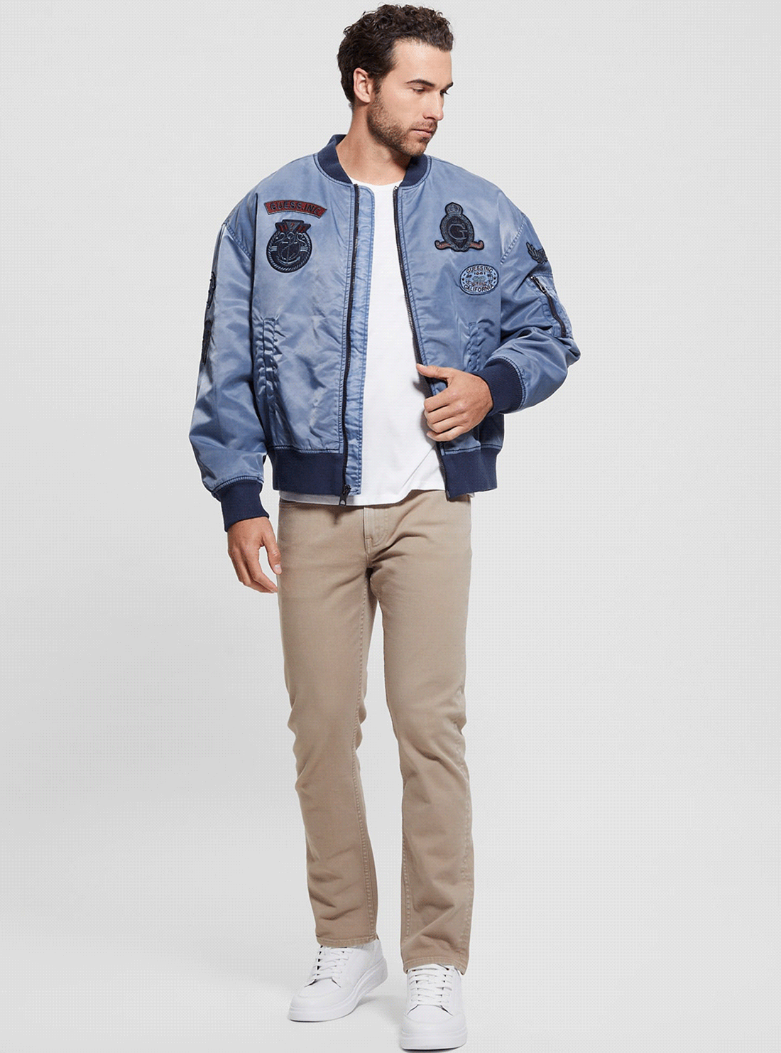 GUESS Blue Ace Twill Washed Bomber Jacket full view