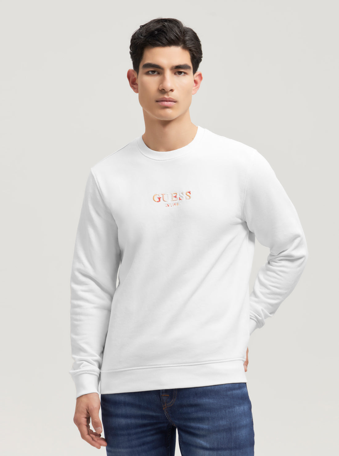 GUESS Eco White Multicolour Logo Jumper front view
