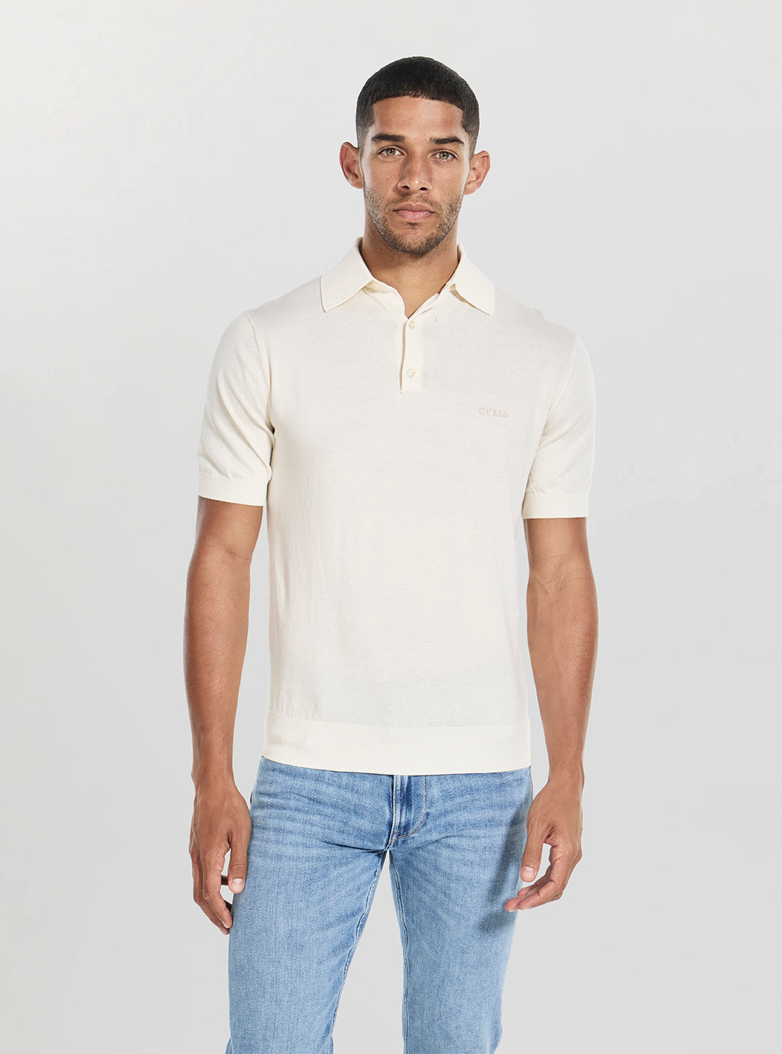 GUESS Mens White Cree Knitted Polo Sweater Shirt M4GR07Z3DN1 Front View