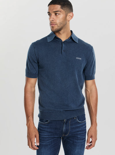 GUESS Mens Blue Cree Washed Polo Sweater Shirt M4GR07Z3DN1 Front View