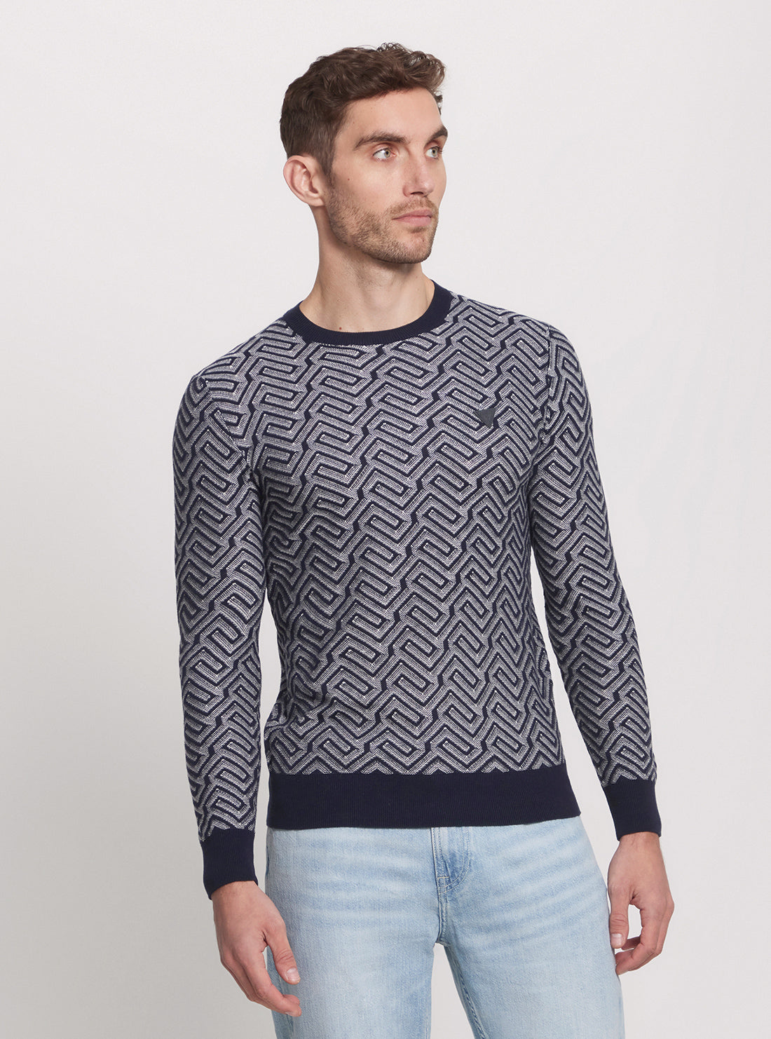 GUESS Blue Geometric Print Knit Jumper front view