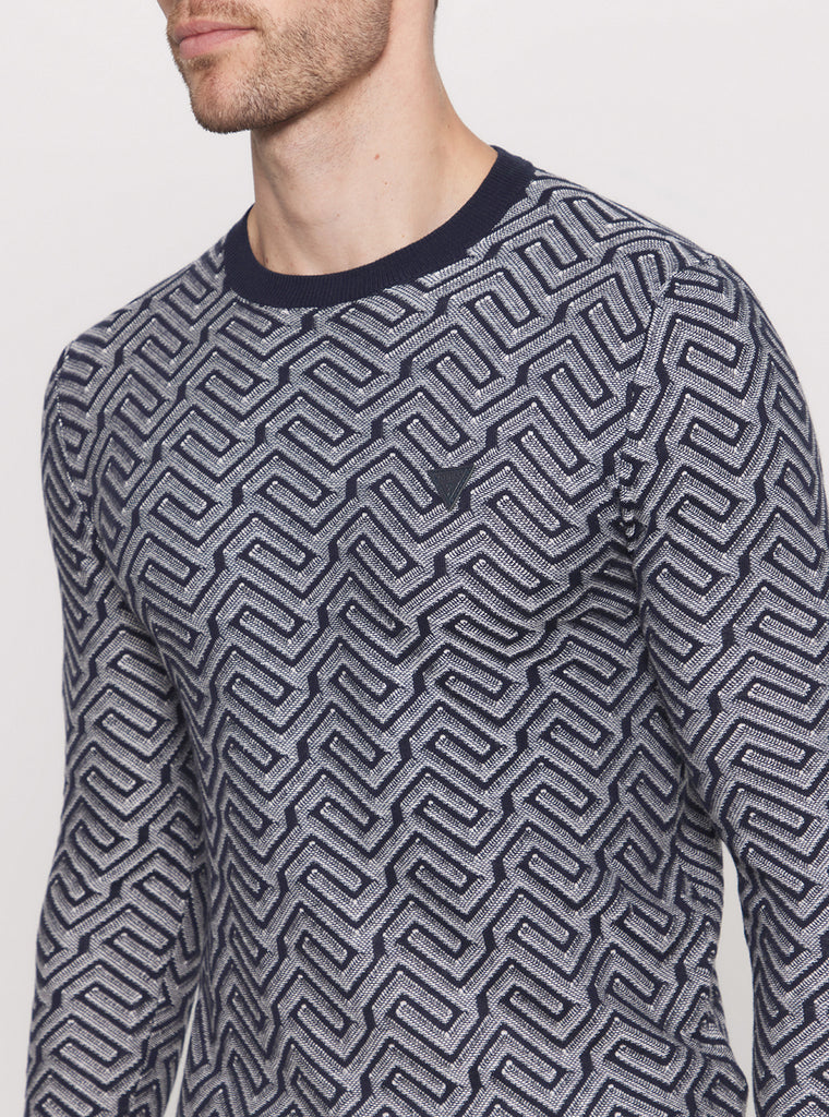 Eco Blue Geometric Print Knit Jumper | GUESS