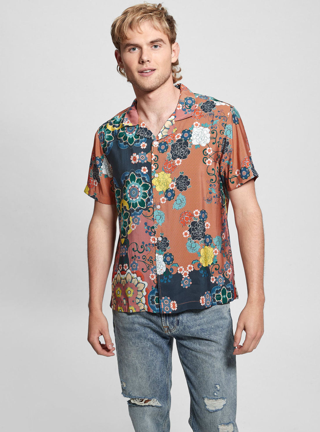 GUESS Brown Floral Short Sleeve Blooms Shirt front view