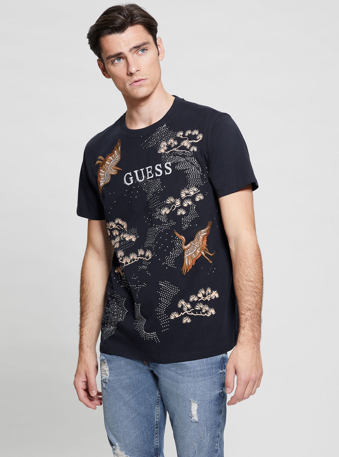 GUESS Black Short Sleeve Birds T-Shirt front view