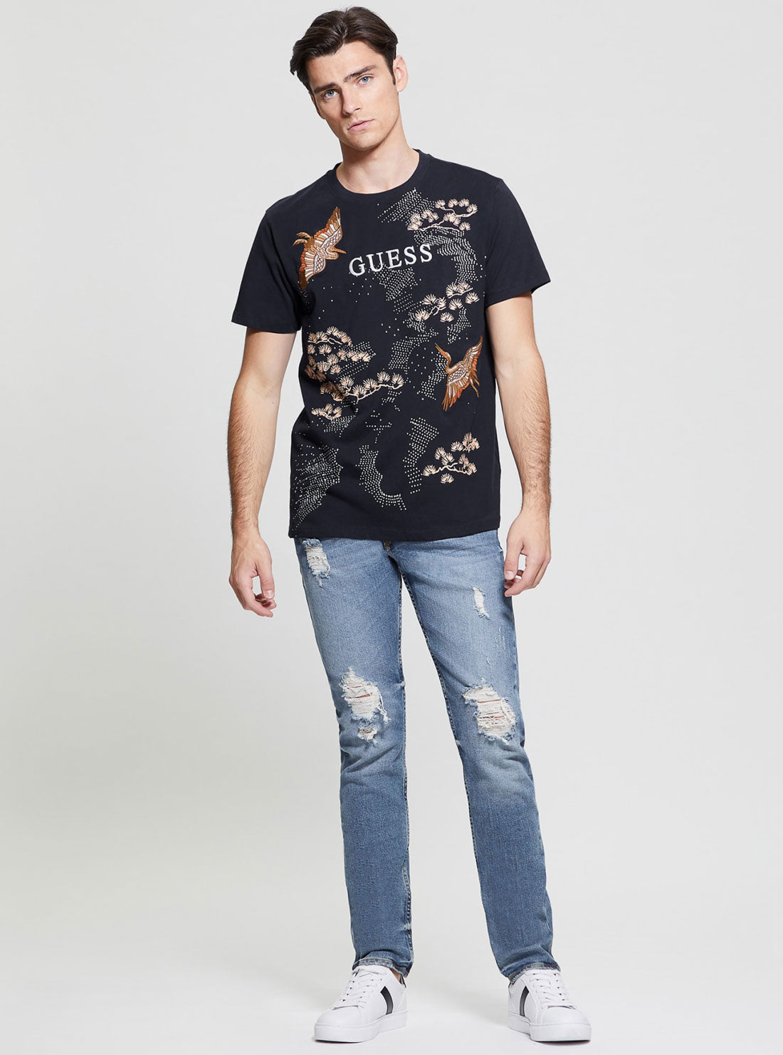 GUESS Black Short Sleeve Birds T-Shirt full view