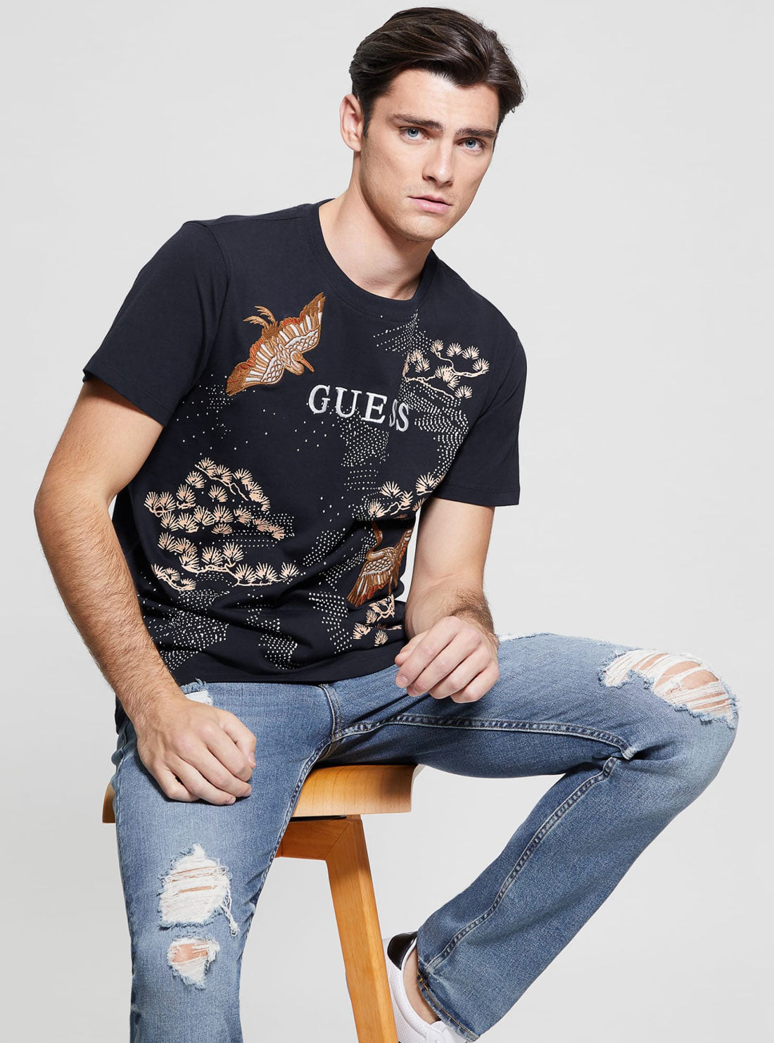 GUESS Black Short Sleeve Birds T-Shirt front view