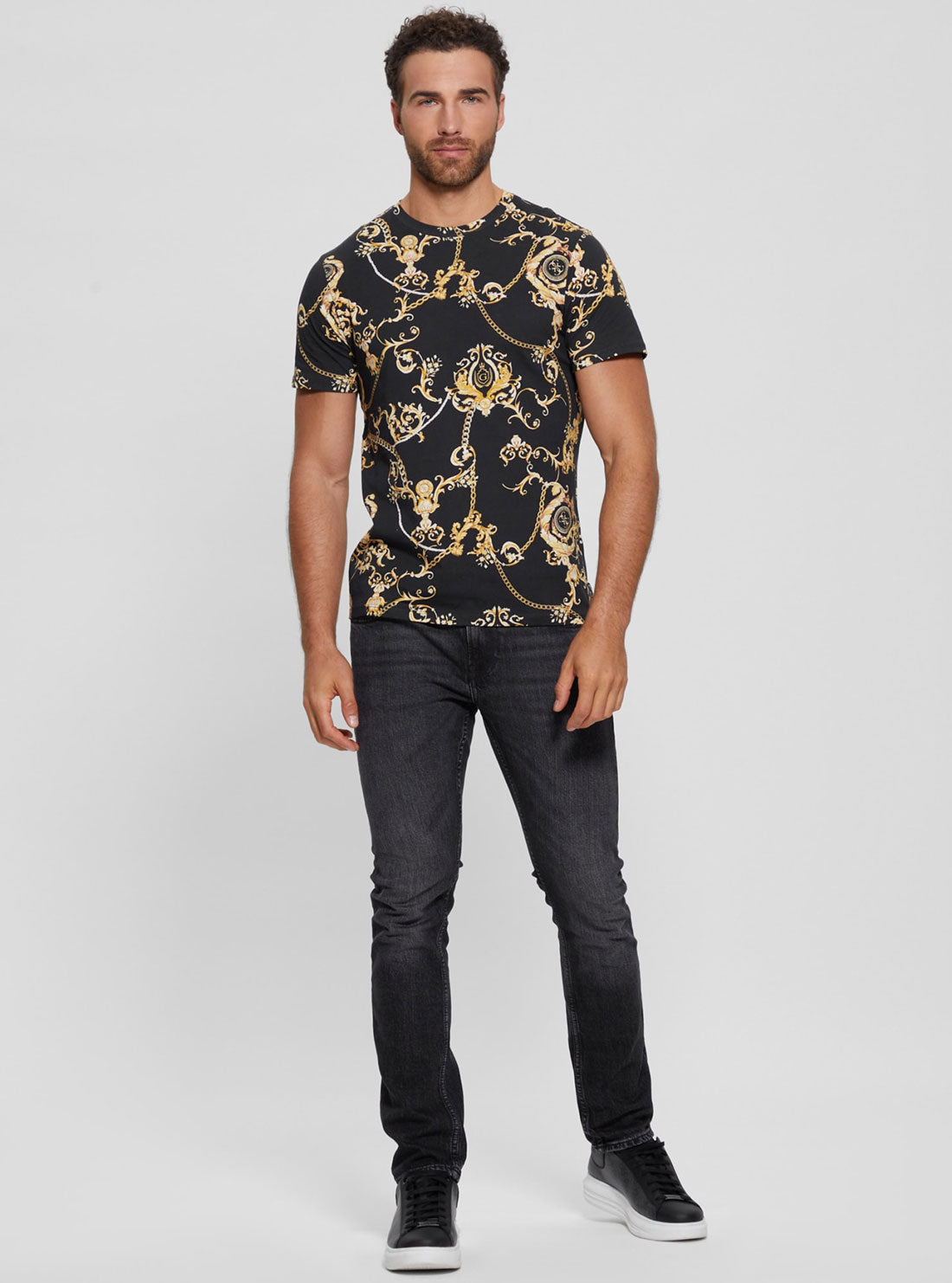 GUESS Black Gold Chain Print T-Shirt full view