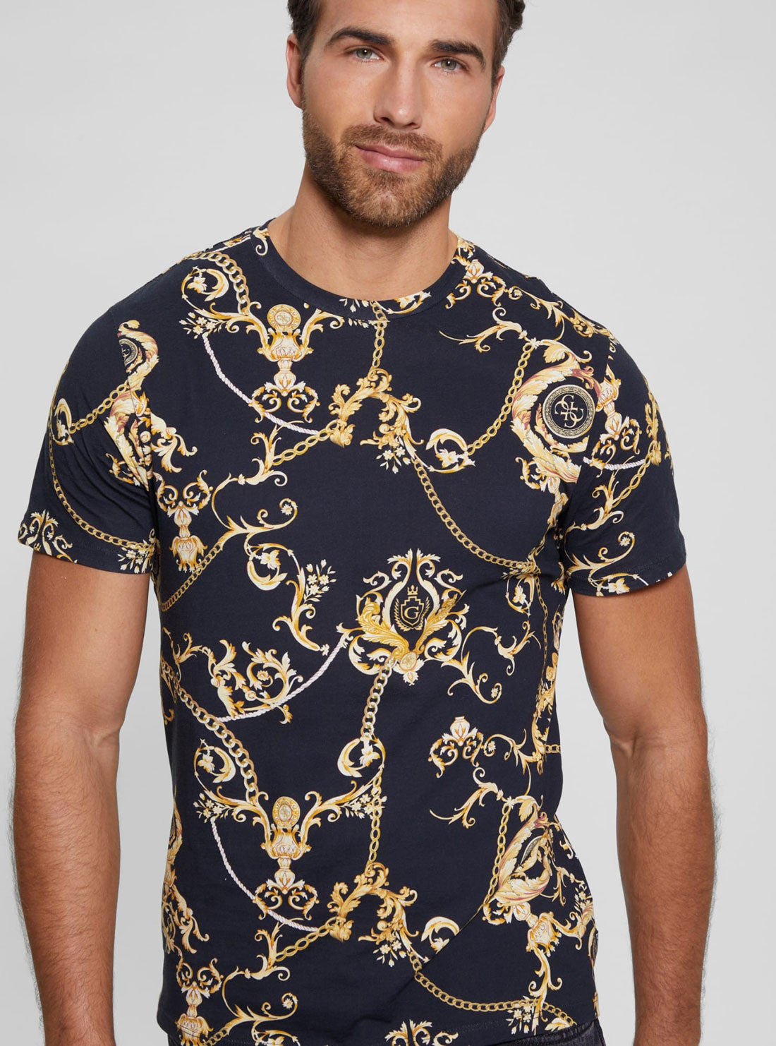 GUESS Black Gold Chain Print T-Shirt detail view
