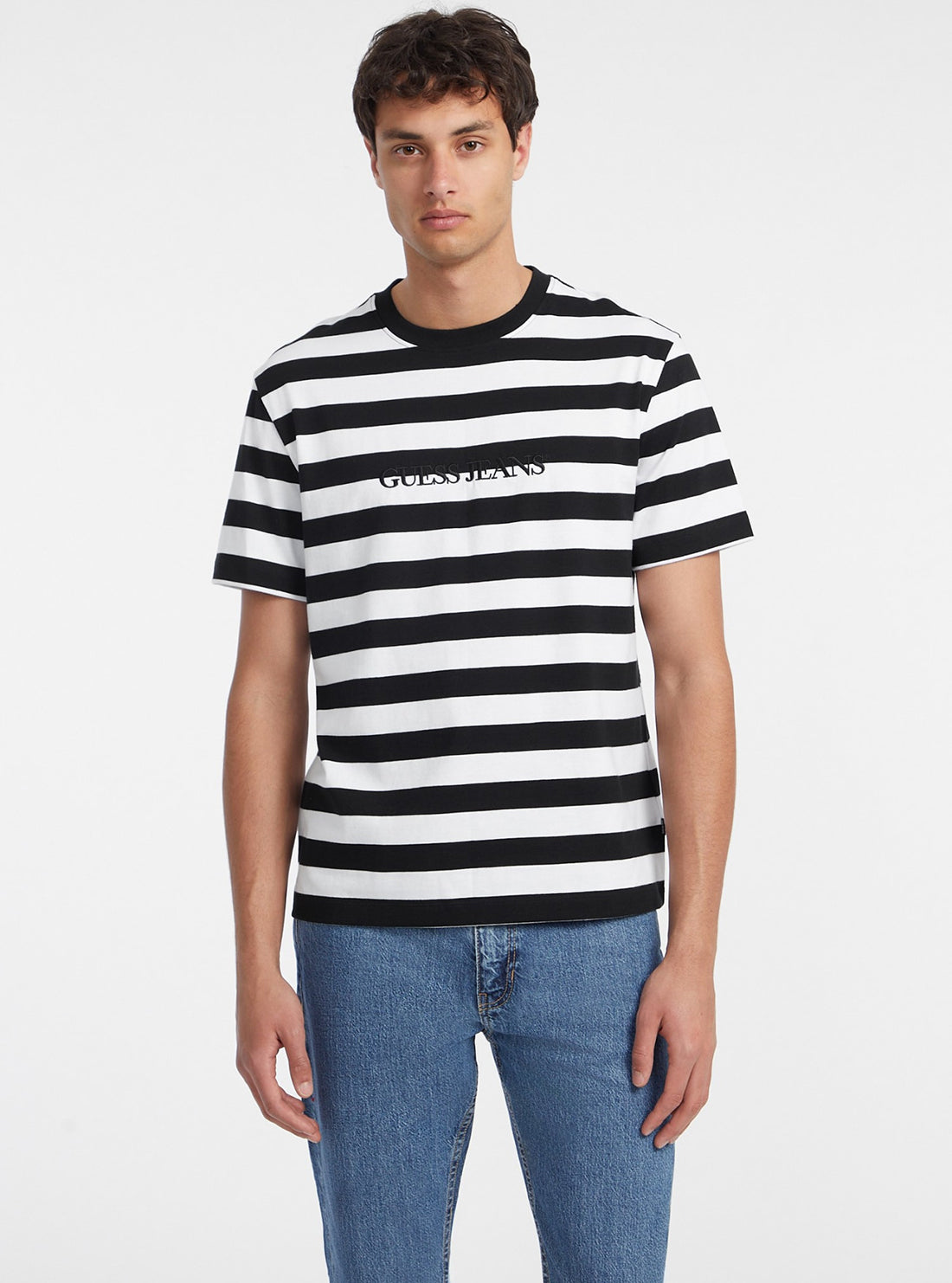 Guess Jeans Black White Striped T-Shirt front view