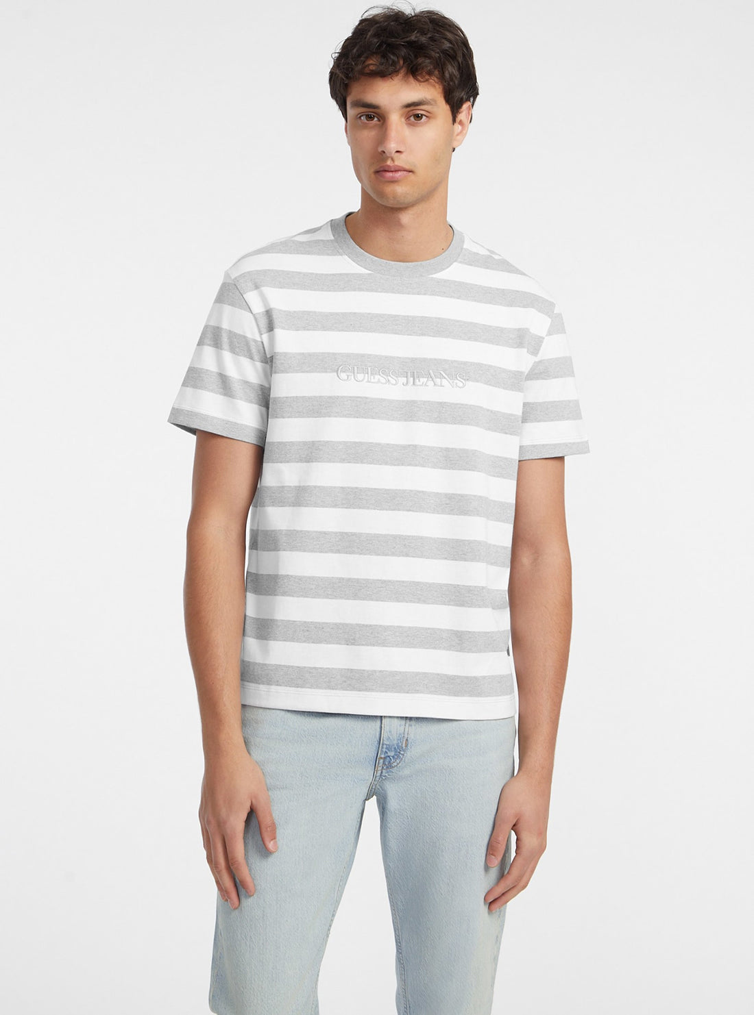 Guess Jeans White Grey Striped T-Shirt front view