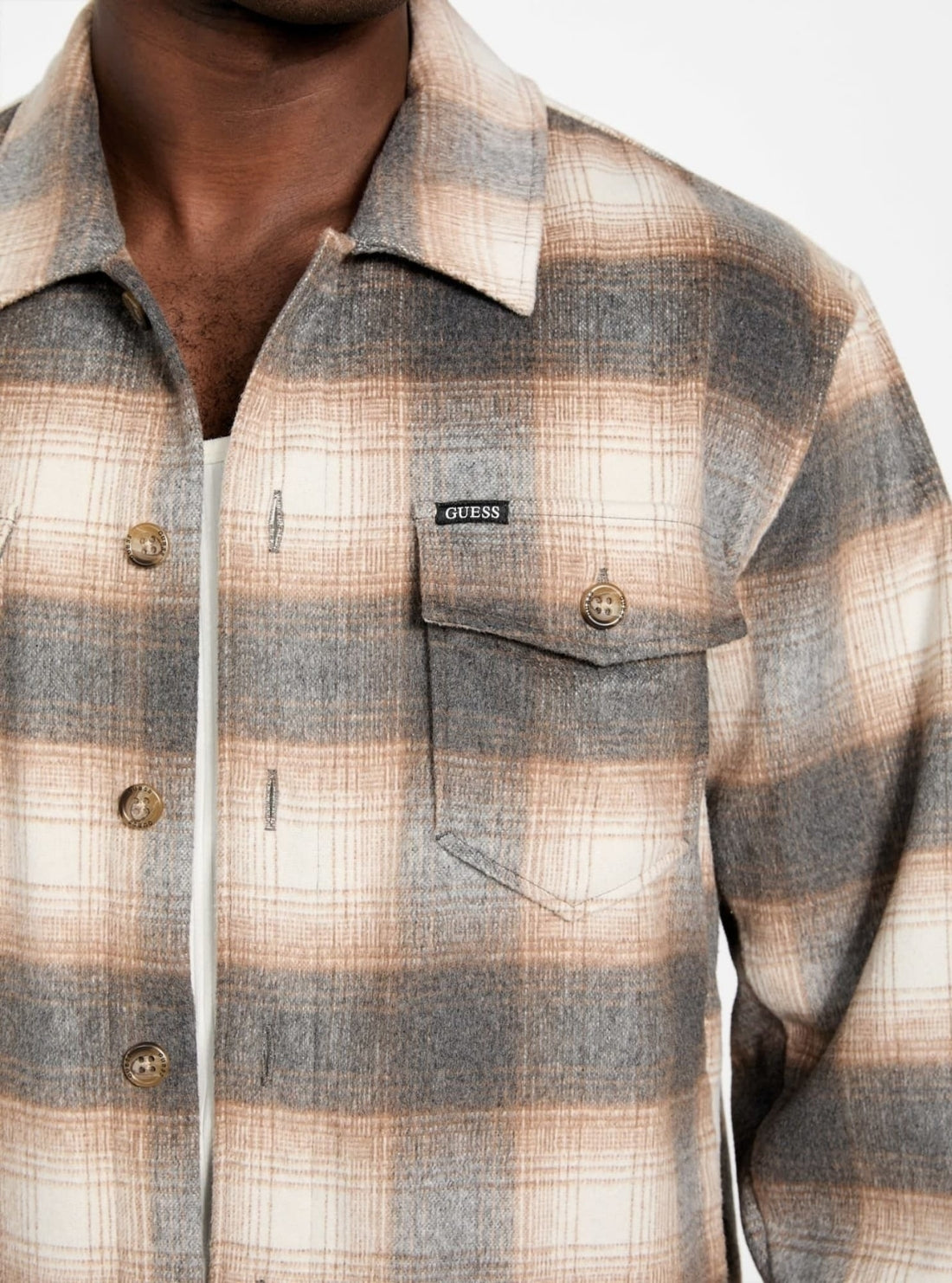 GUESS Mens Eco Beige Checkered Wool-Blend Overshirt M5BH31W2012  Detail View