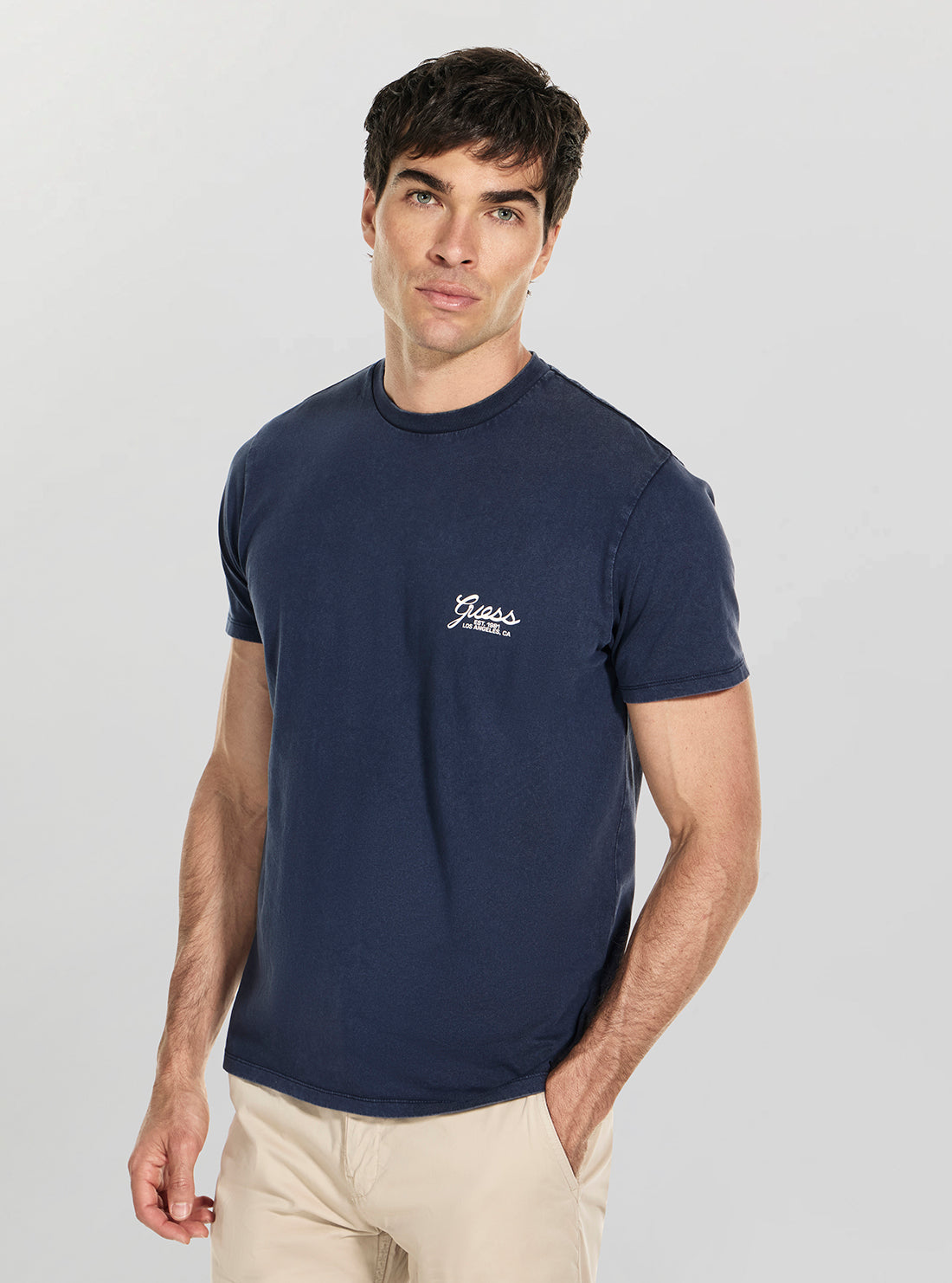 GUESS Mens Blue Basic Script Logo T-Shirt M5BI70I3Z14 Front View