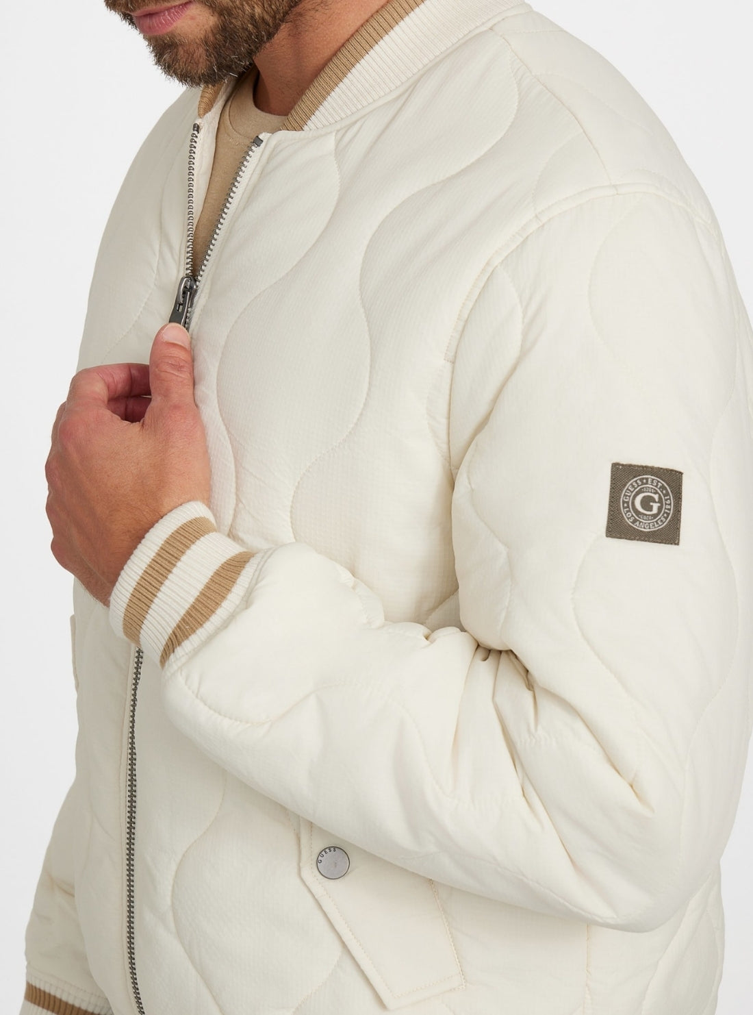 GUESS Mens White Alameda Ripstop Flight Bomber Jacket M5BL0EWFSZ2 Detail View