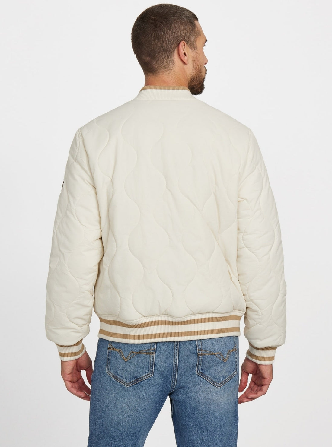 GUESS Mens White Alameda Ripstop Flight Bomber Jacket M5BL0EWFSZ2 Back View