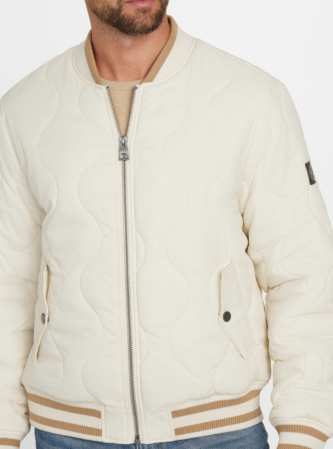 GUESS Mens White Alameda Ripstop Flight Bomber Jacket M5BL0EWFSZ2 Detail View