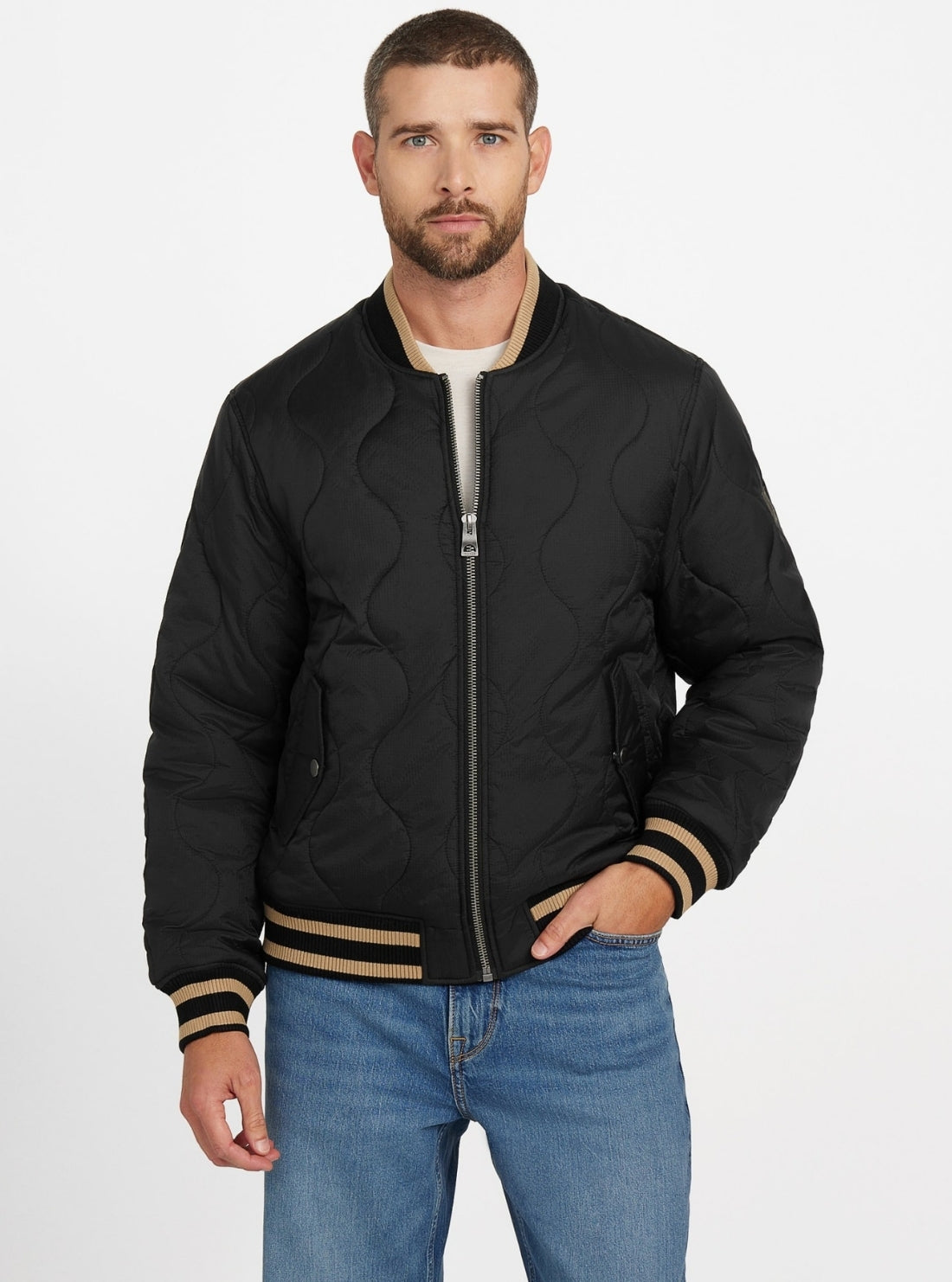 GUESS Mens Black Alameda Ripstop Bomber Jacket M5BL0EWFSZ2 Front View_2