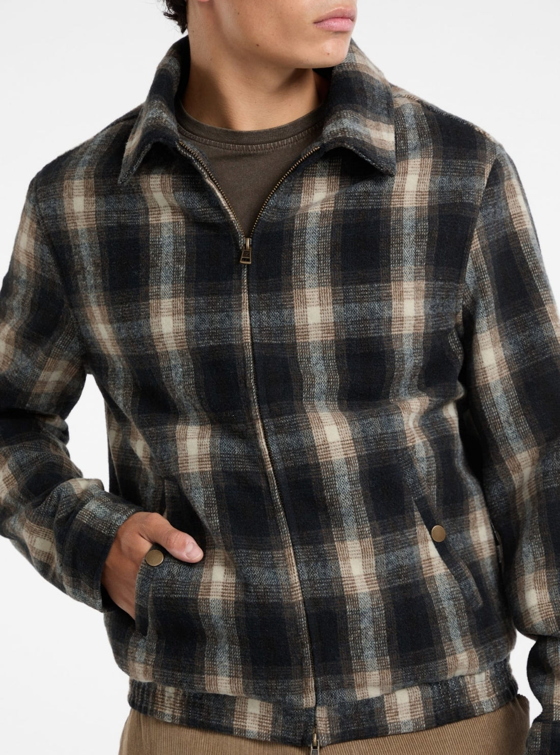 Guess Jeans Dark Brown Plaid Wool Jacket M5BL1CW2932 Detail View