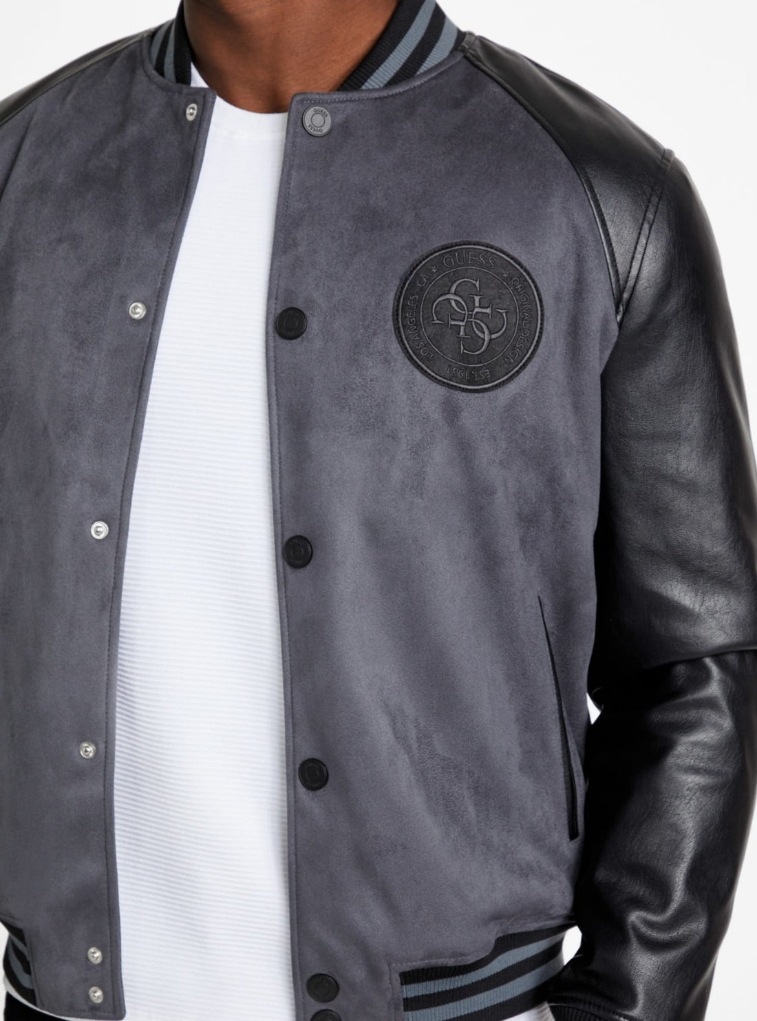 GUESS Mens Eco Black Varsity Bomber Jacket M5BL2BK1062 Detail View