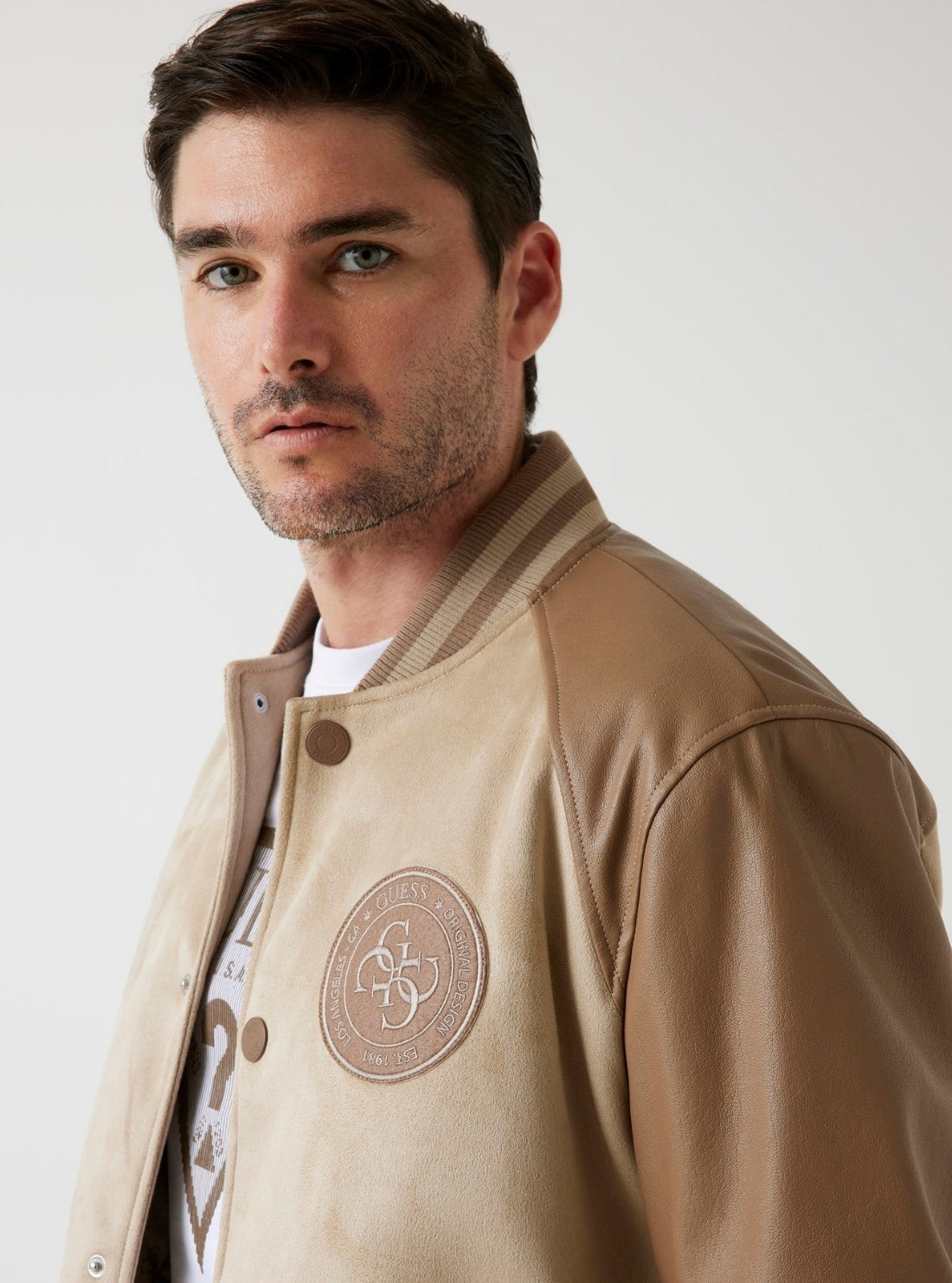 GUESS Mens Brown Varsity Bomber Jacket M5BL2BK1062 Detail View