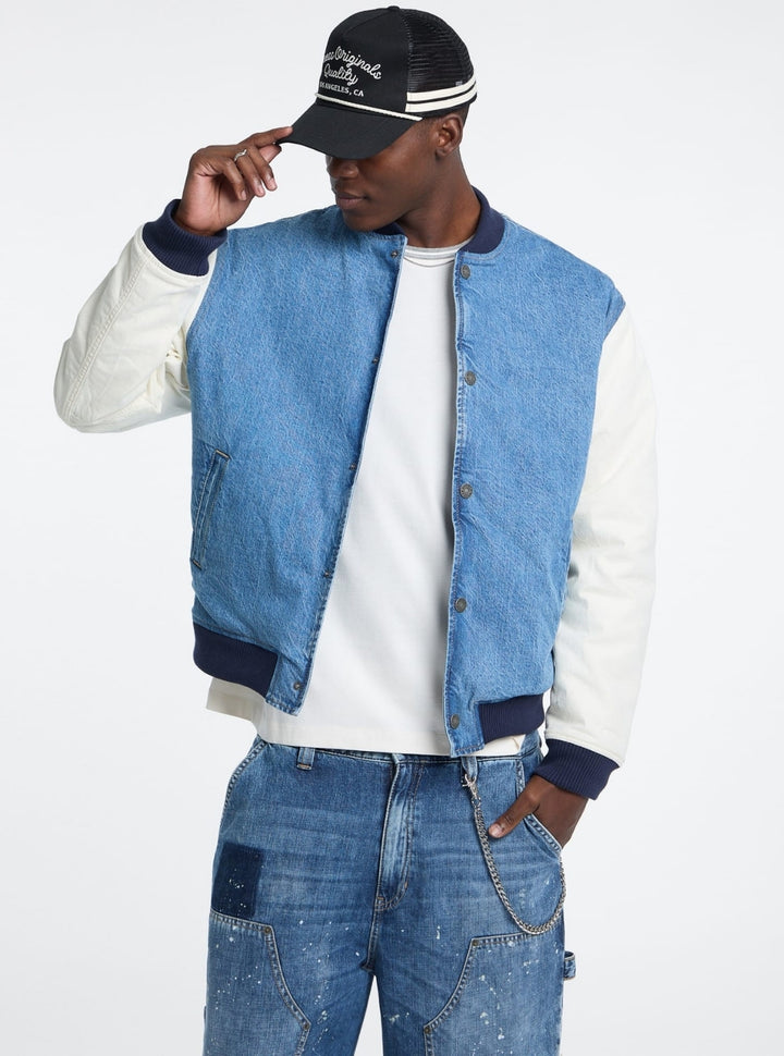 Guess Jeans Blue Denim Letterman Jacket M5BN59D5M54 Front View