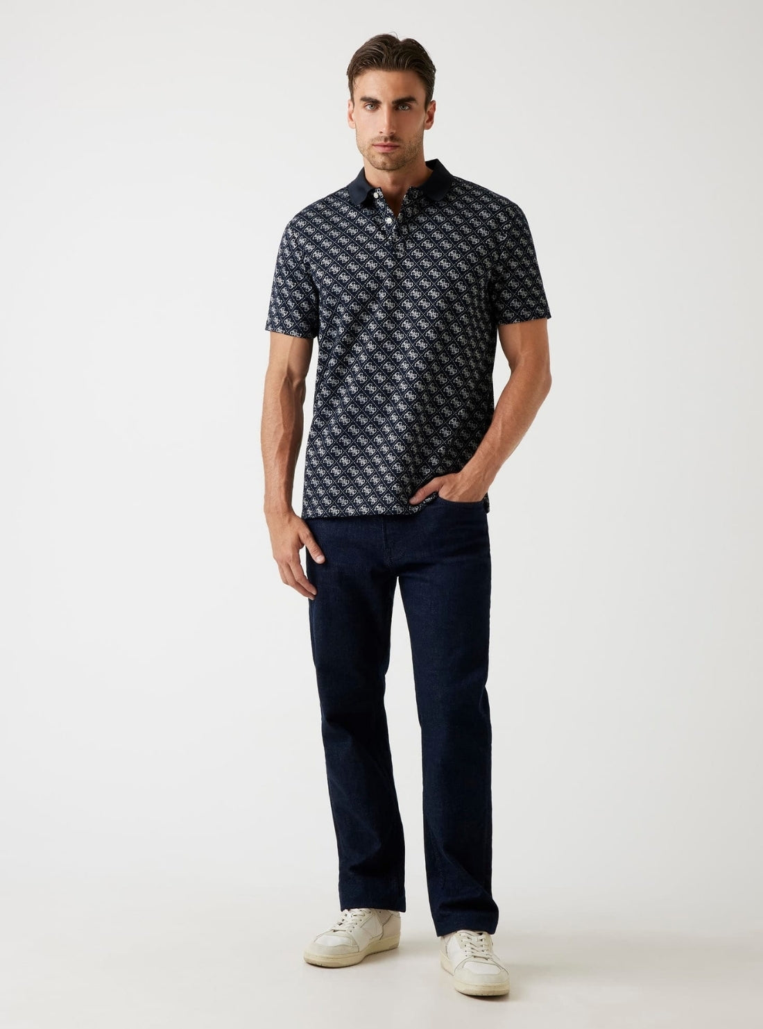 GUESS Mens Eco Blue Logo Jacquard Polo Shirt M5BP09K0911 Full View
