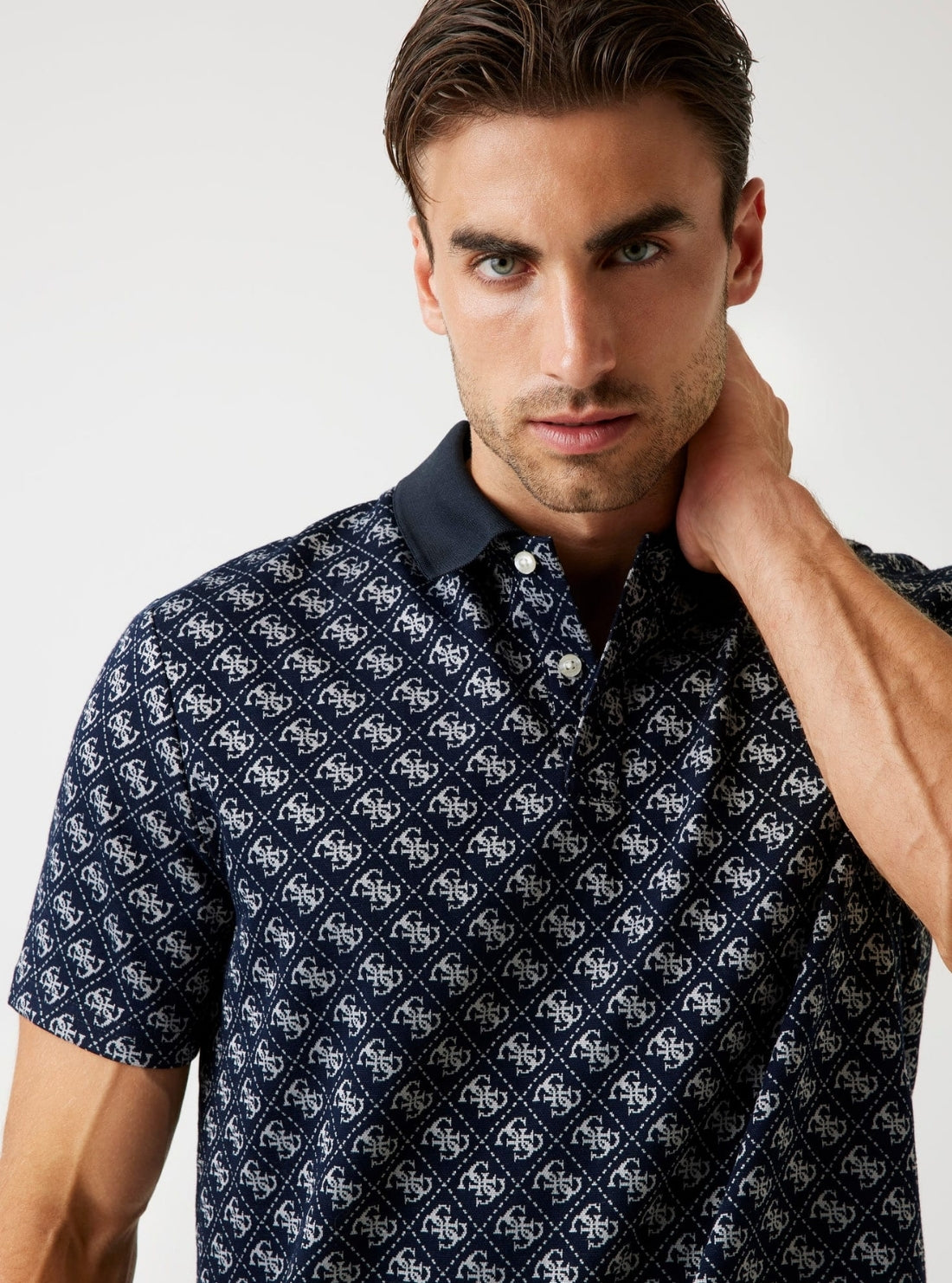 GUESS Mens Eco Blue Logo Jacquard Polo Shirt M5BP09K0911 Detail View