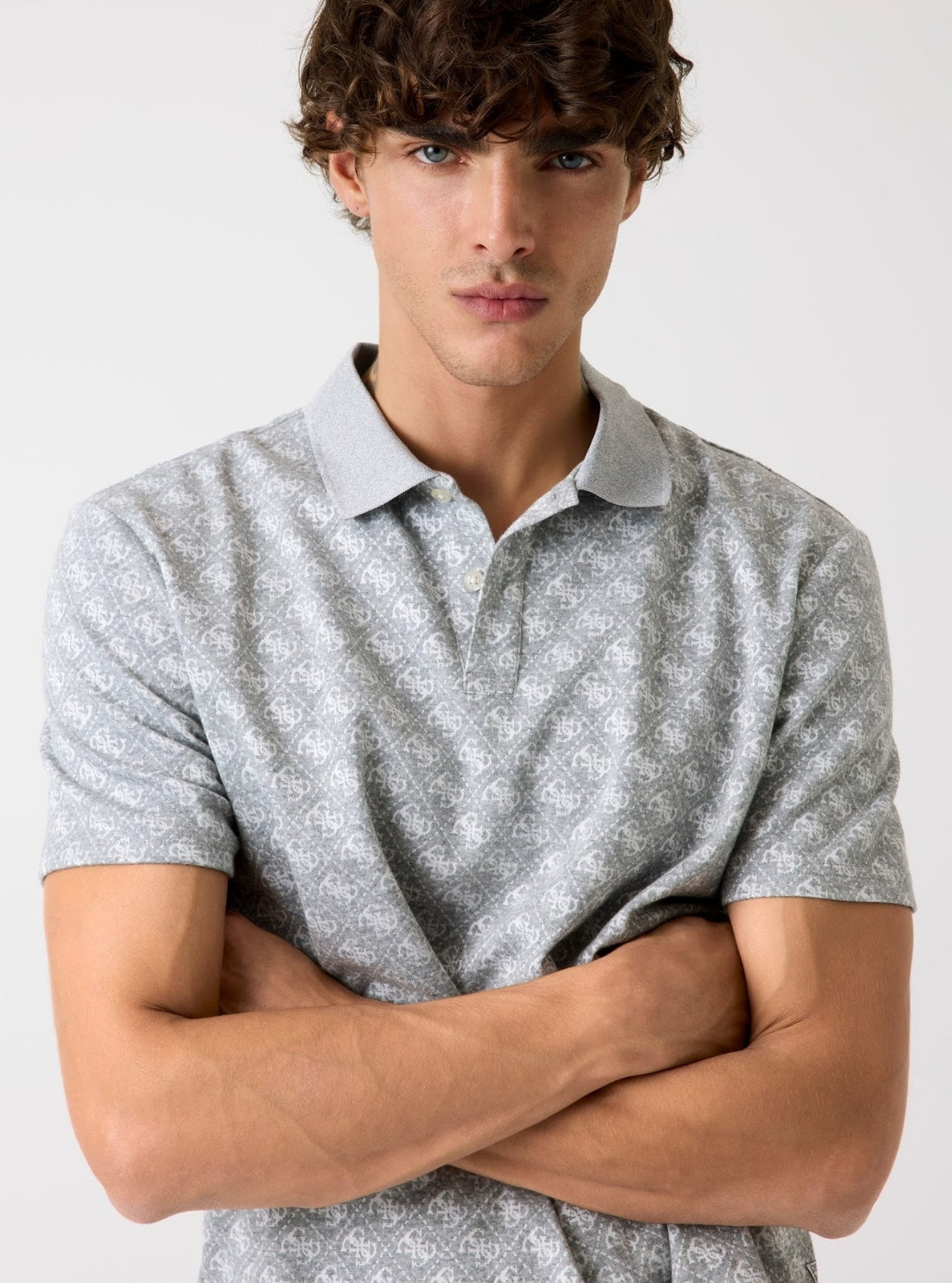 GUESS Mens Eco Grey 4G Logo Jacquard Polo Shirt M5BP09K0911 Detail View
