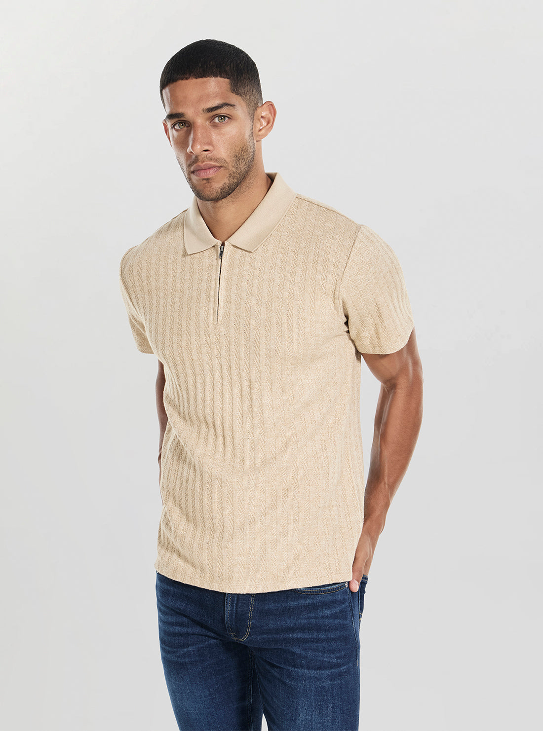 Brown Grady Rib Zip Polo Shirt | GUESS
