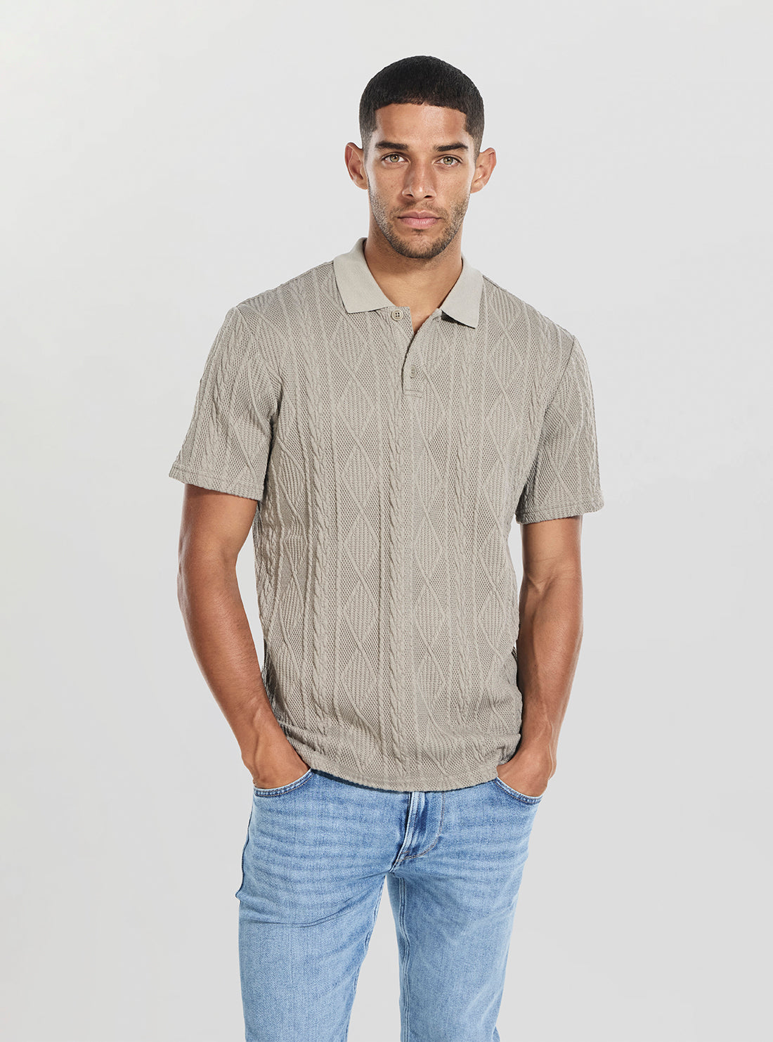 Green Olin Textured Knitted Polo Shirt | GUESS