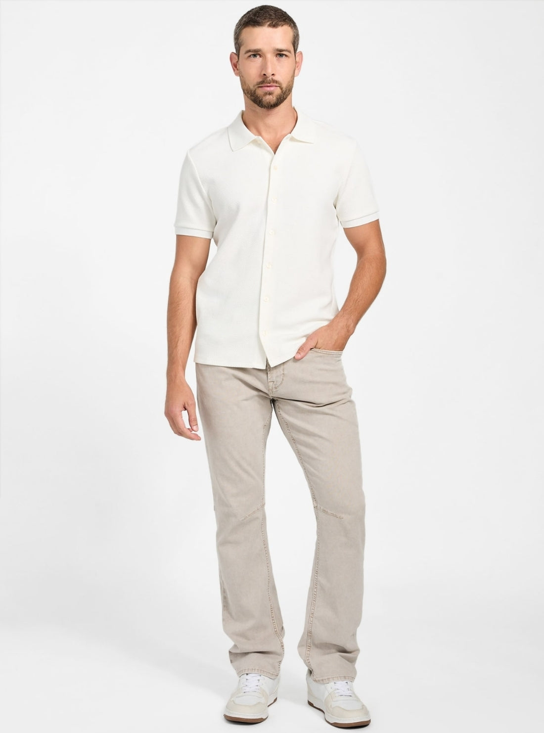GUESS Mens Eco White Aaron Knit Button-Down Shirt M5BP26K0821 Full View
