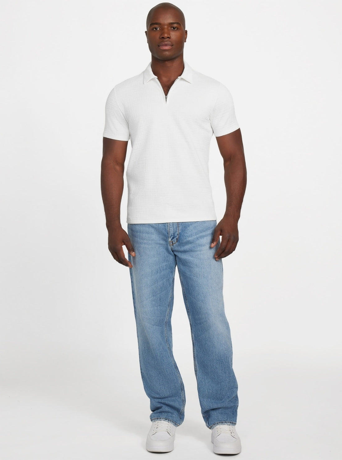 GUESS Mens Eco White Percy Textured Zip Polo Shirt M5BP31K0812 Full View