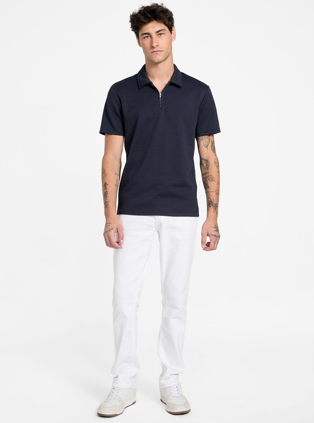 GUESS Mens Blue Eco Percy Textured Zip Polo Shirt M5BP31K0812 Full View