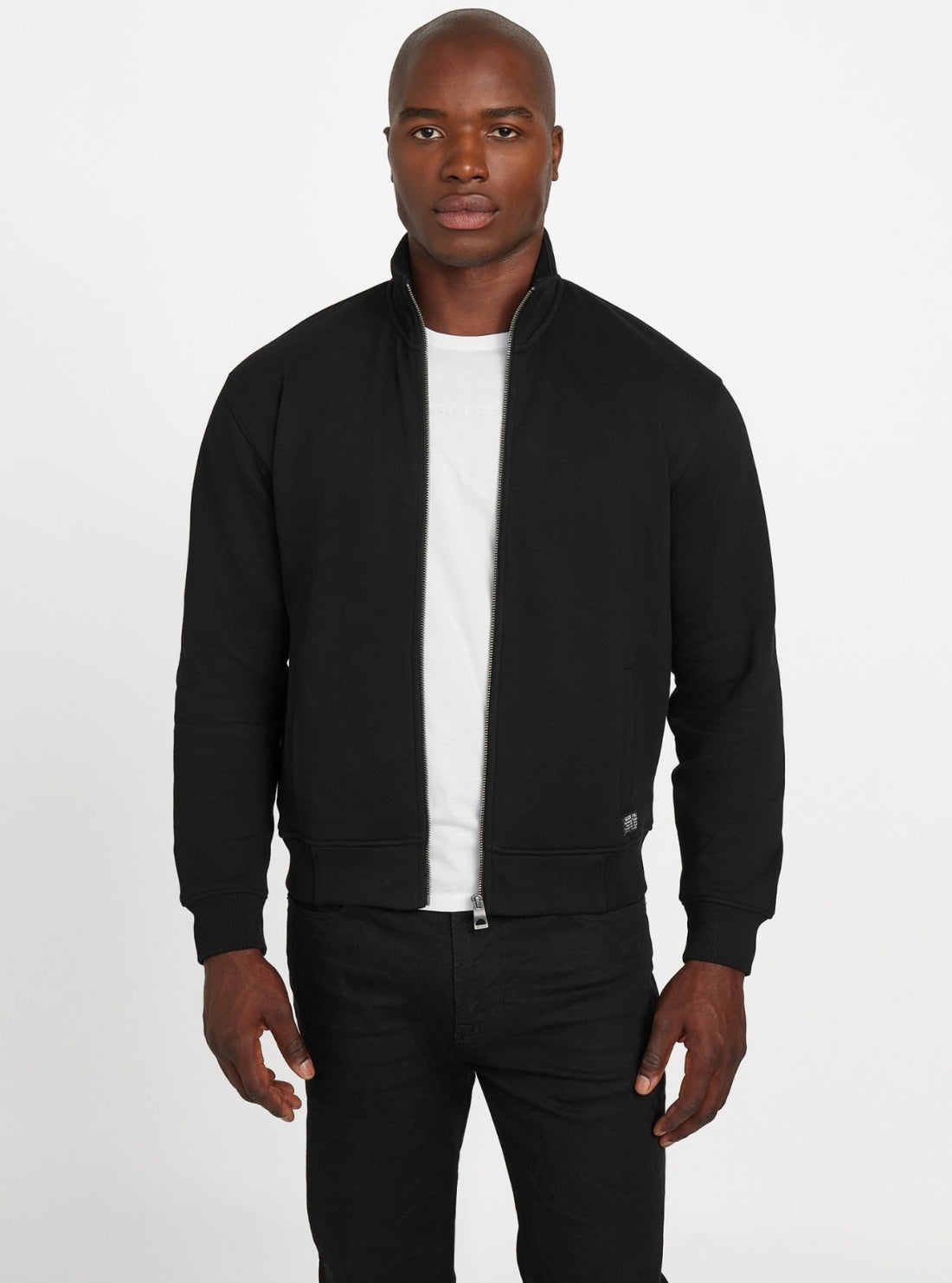 GUESS Mens Black 1981 Label Mockneck Jacket M5BQ70K9V31 Front View