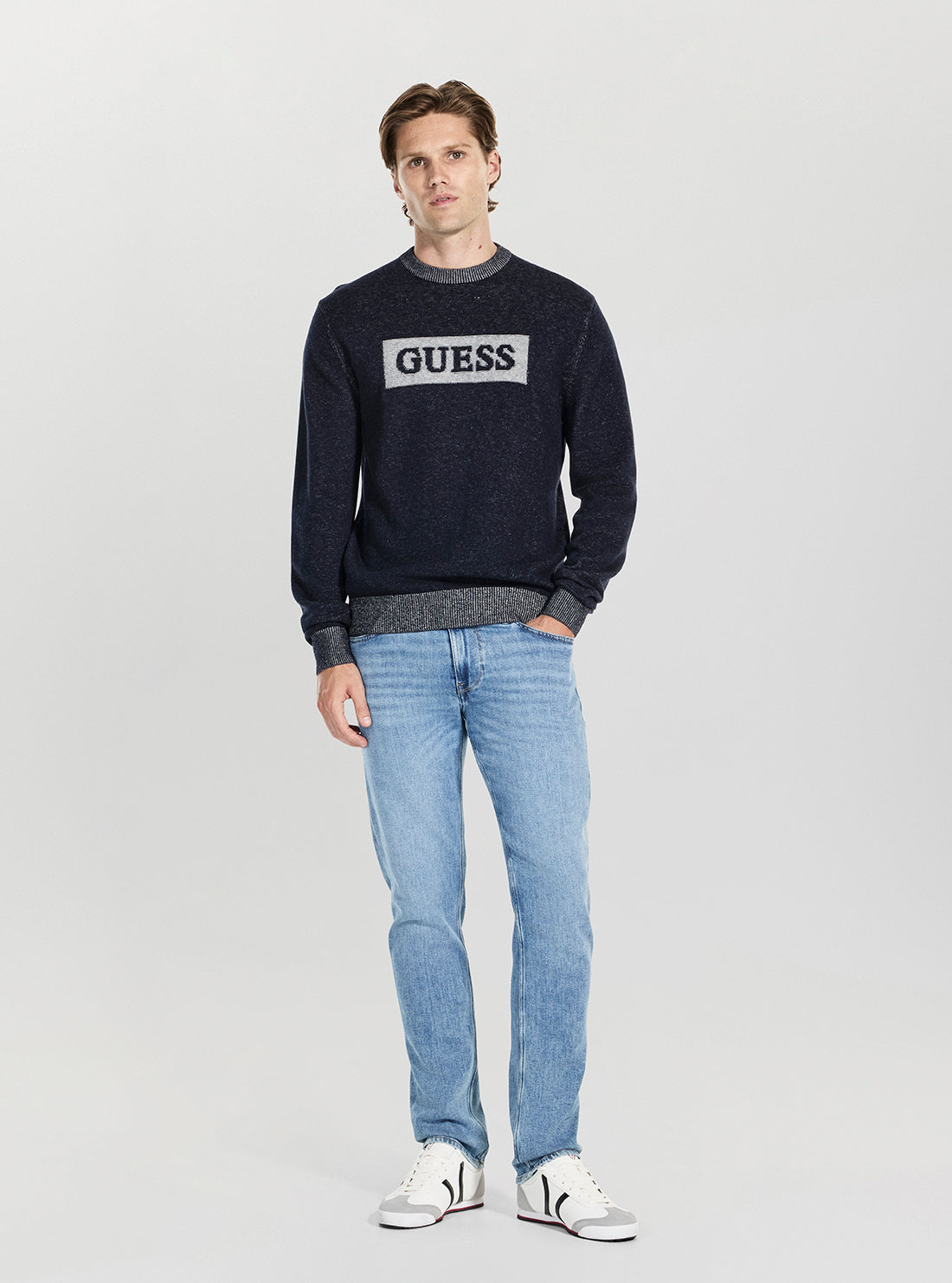 GUESS Mens Blue Jack Cotton Box Logo Sweater M5BR28Z0531 Full View