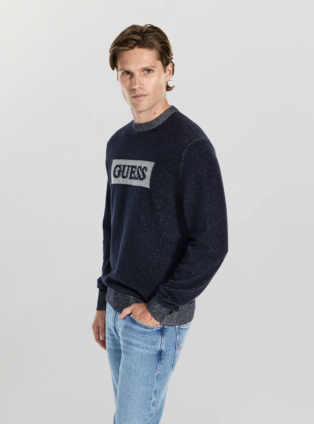 GUESS Mens Blue Jack Cotton Box Logo Sweater M5BR28Z0531 Side View