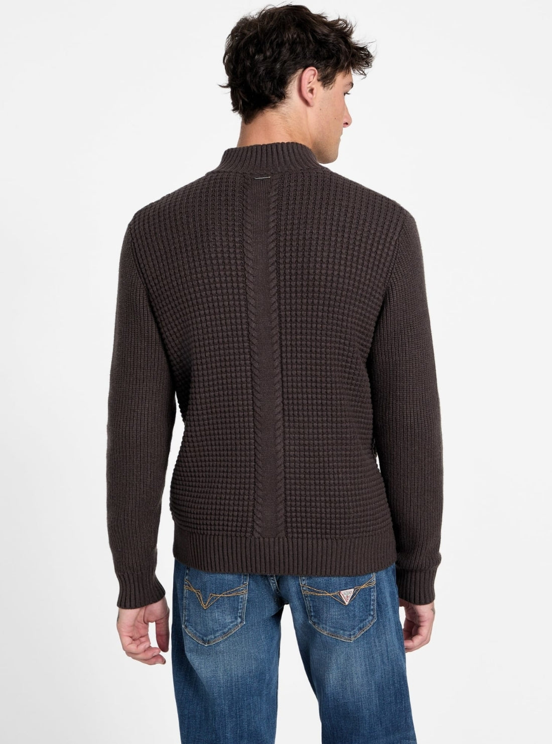 GUESS Mens Eco Brown Ryder Waffle-Knit Cardigan M5BR40Z2ZK2 Back View