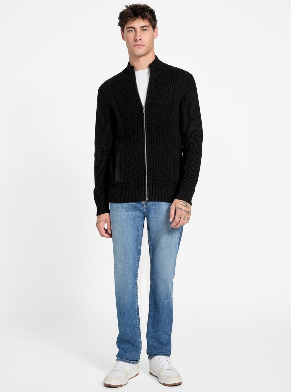 GUESS Mens Eco Black Ryder Waffle-Knit Cardigan M5BR40Z2ZK2 Full View