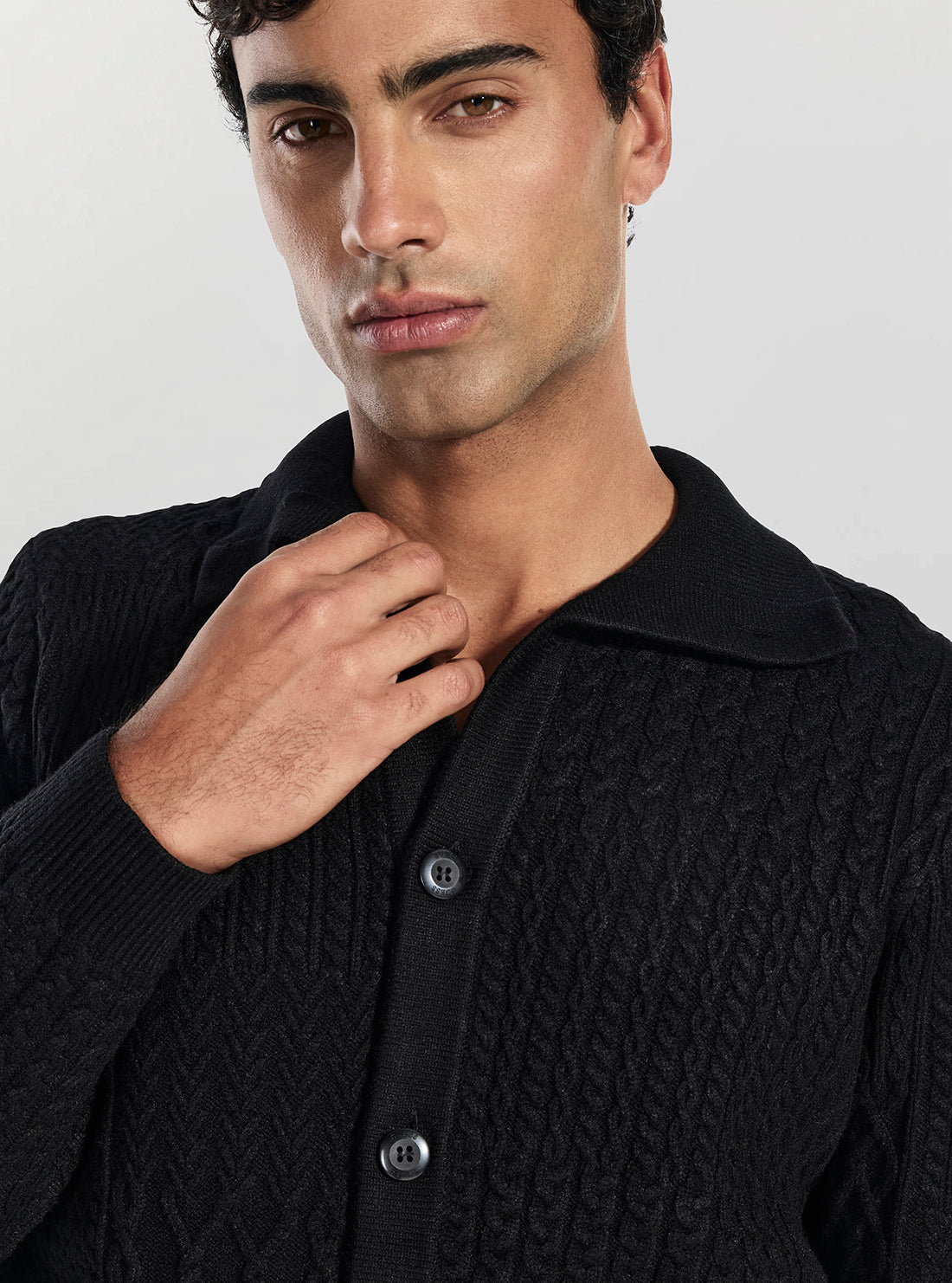 GUESS Mens Black Myles Patchwork Cable Cardigan M5BR43Z2ZK2 Detail View
